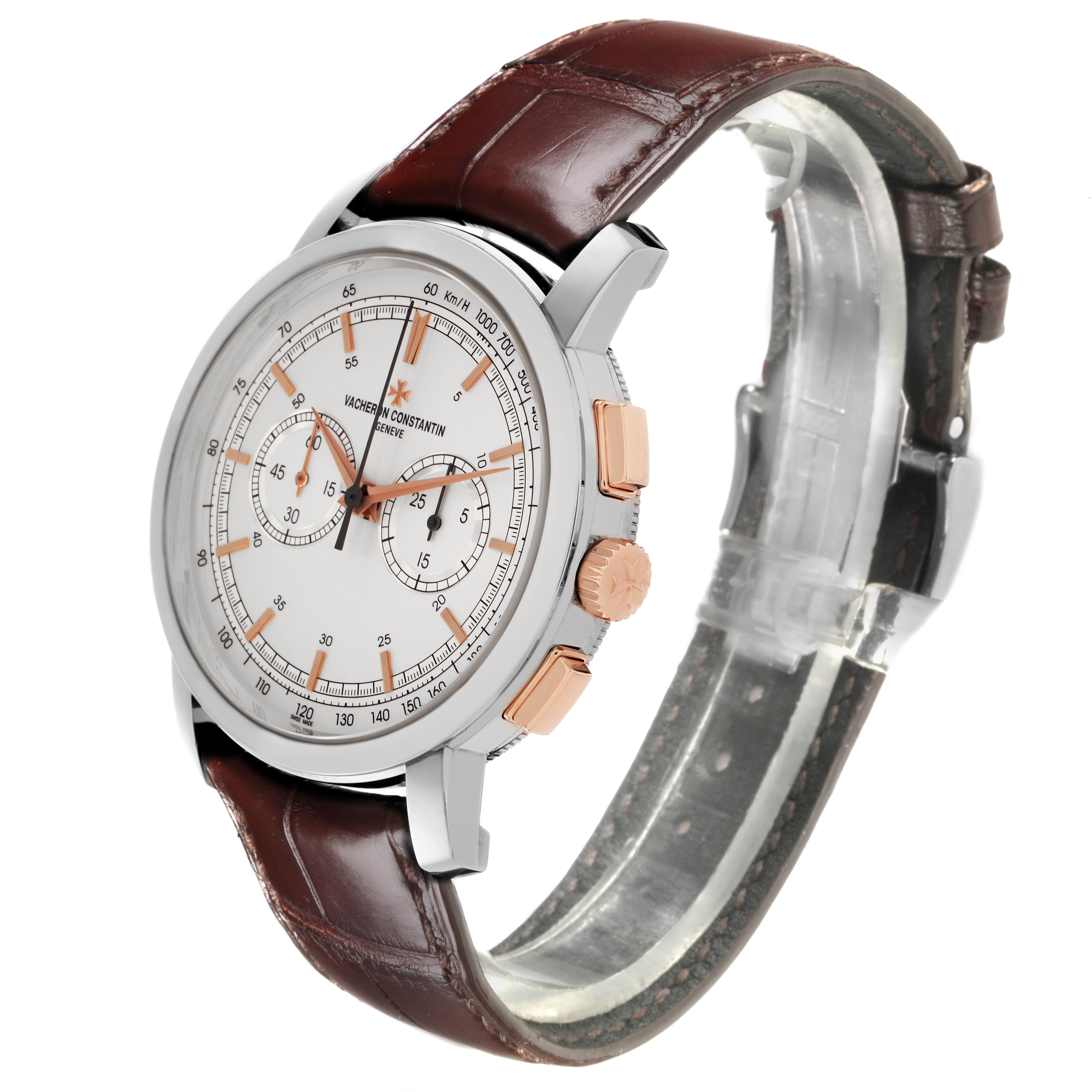 The Vacheron Constantin Traditionnelle 47192/000B-9828 Men's White Gold Silver Dial watch is shown at a side angle, highlighting the face, case, crown, and brown leather strap.