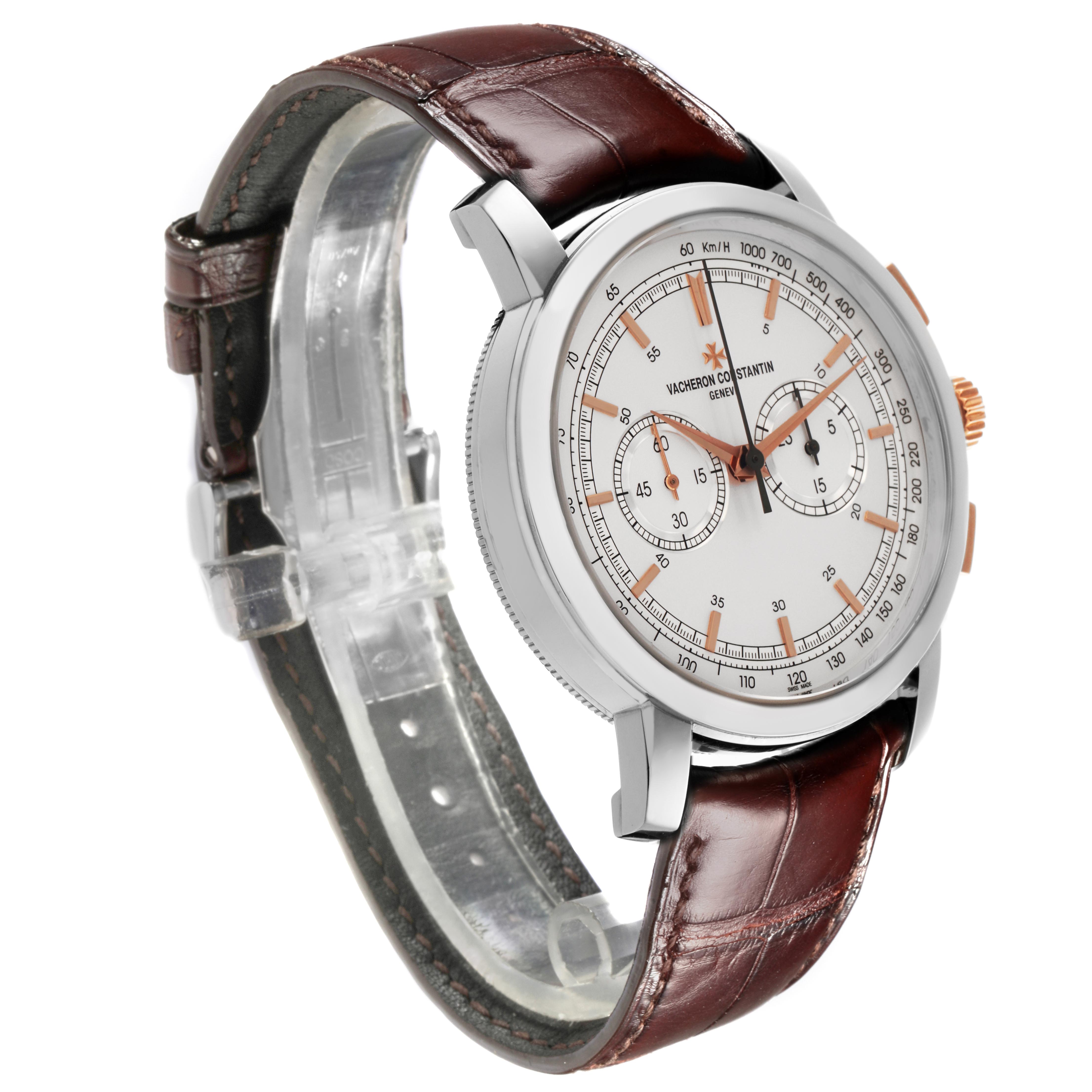 The Vacheron Constantin Traditionnelle 47192/000B-9828 Men's White Gold Silver Dial watch is shown at a slight angle, displaying the face, case, crown, and leather strap.