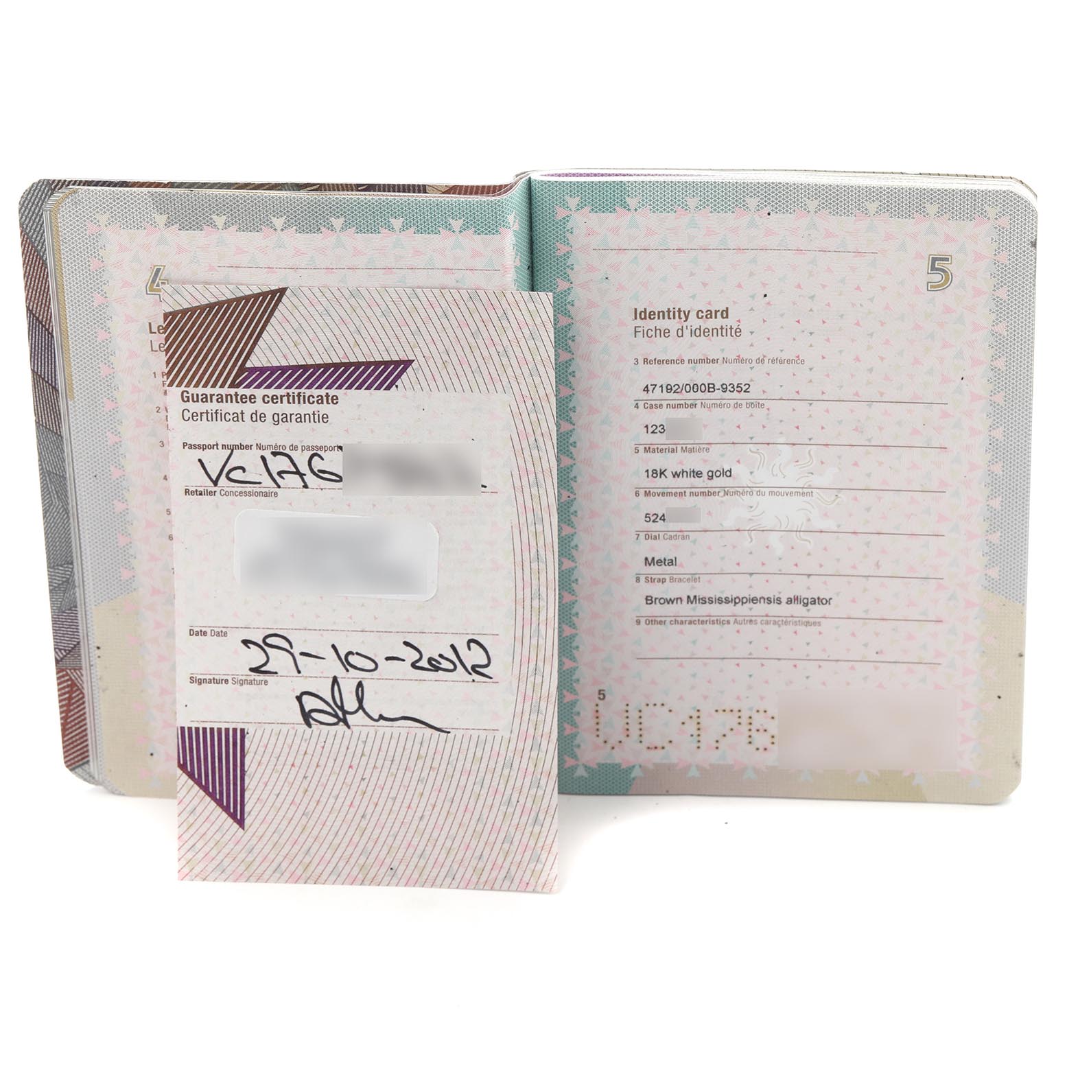 The image shows guarantee and identity documents for the Vacheron Constantin Traditionnelle 47192/000B-9828 Men's White Gold Silver Dial model, viewed from above.