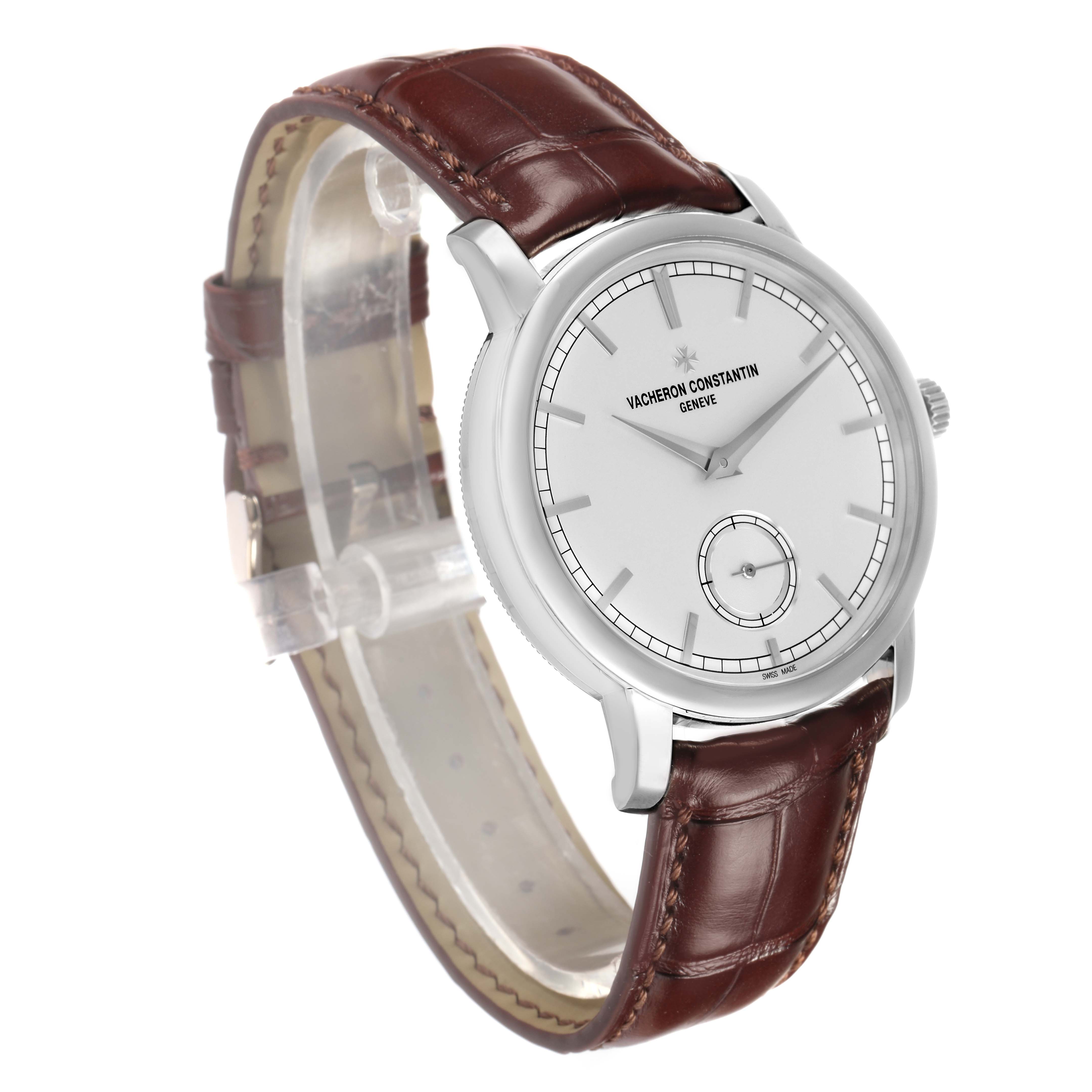 The Vacheron Constantin Traditionnelle 82172G Men's White Gold Silver Dial watch is shown at an oblique angle highlighting the dial, bezel, crown, and leather strap.