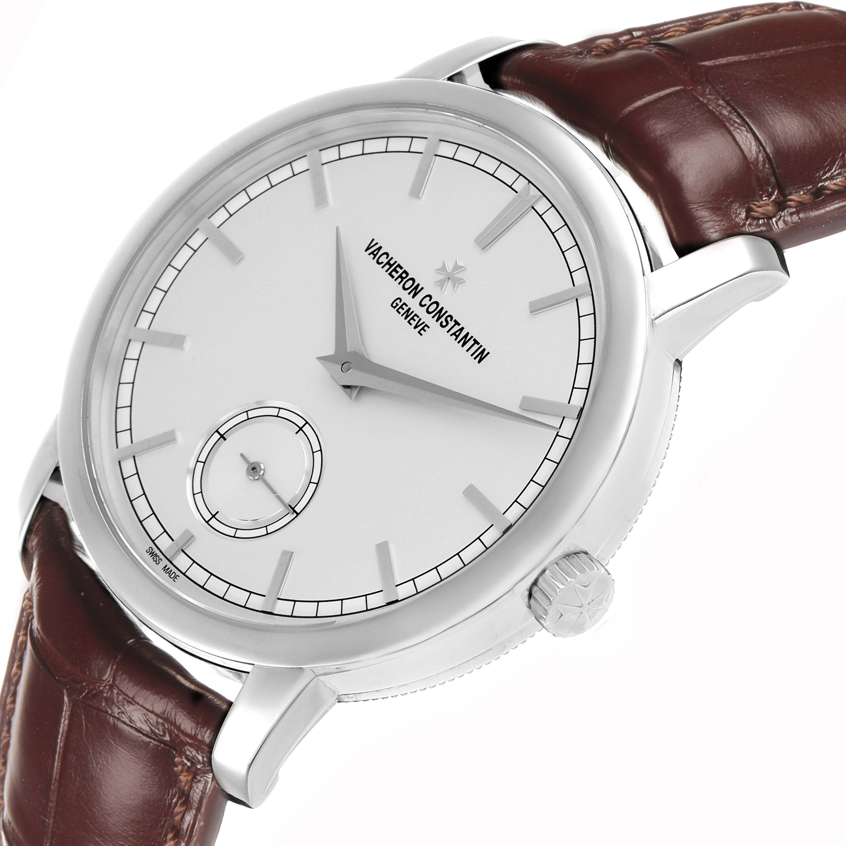 The Vacheron Constantin Traditionnelle 82172G Men's White Gold Silver Dial watch is shown at an angled side view, highlighting the dial, crown, case, and strap.