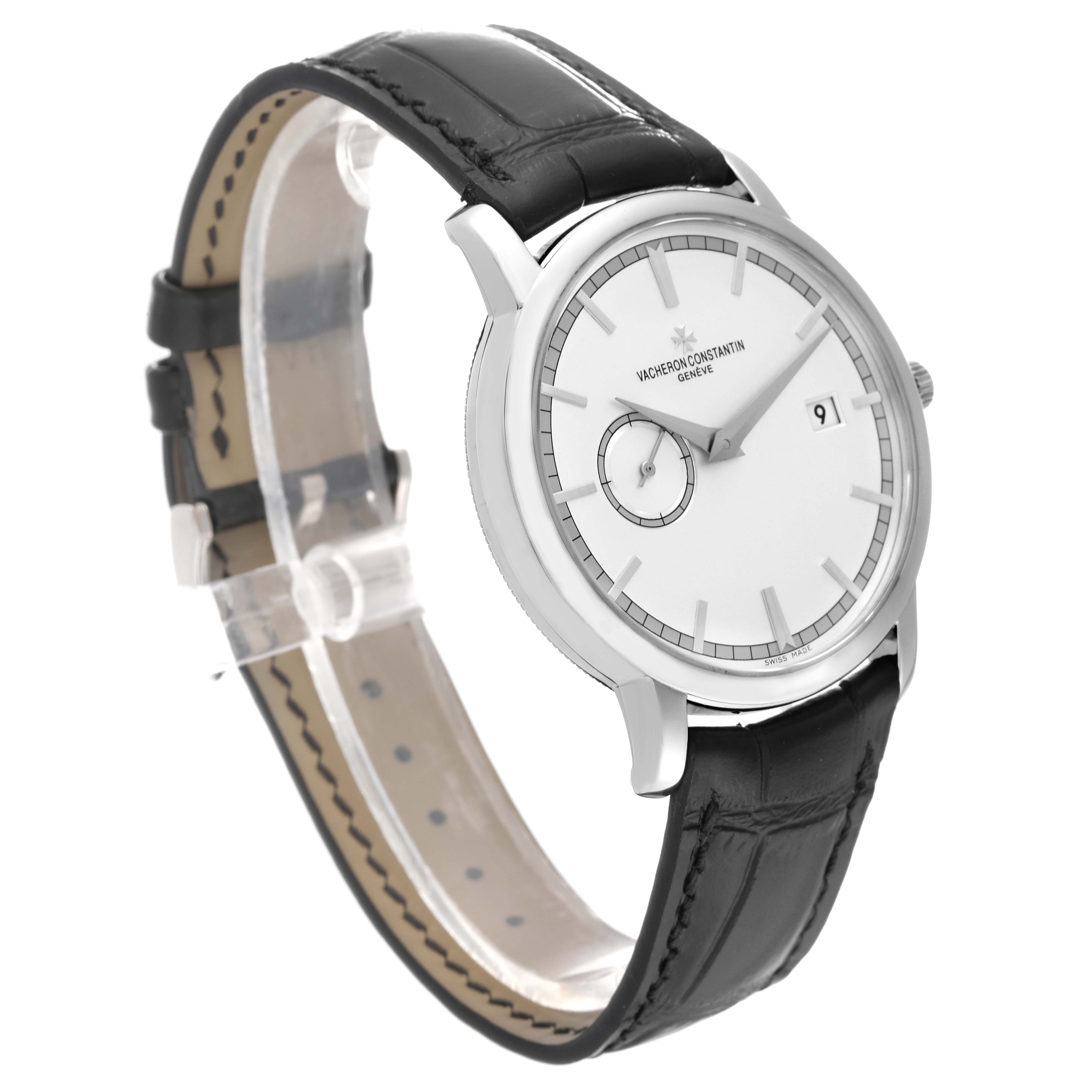 The image shows a Vacheron Constantin Traditionnelle 87172/000G-9301 Men's White Gold Silver Dial 87172/000G-9301 Men's White Gold Silver Dial watch displayed at a three-quarter angle, highlighting the face, bezel, and black leather strap.