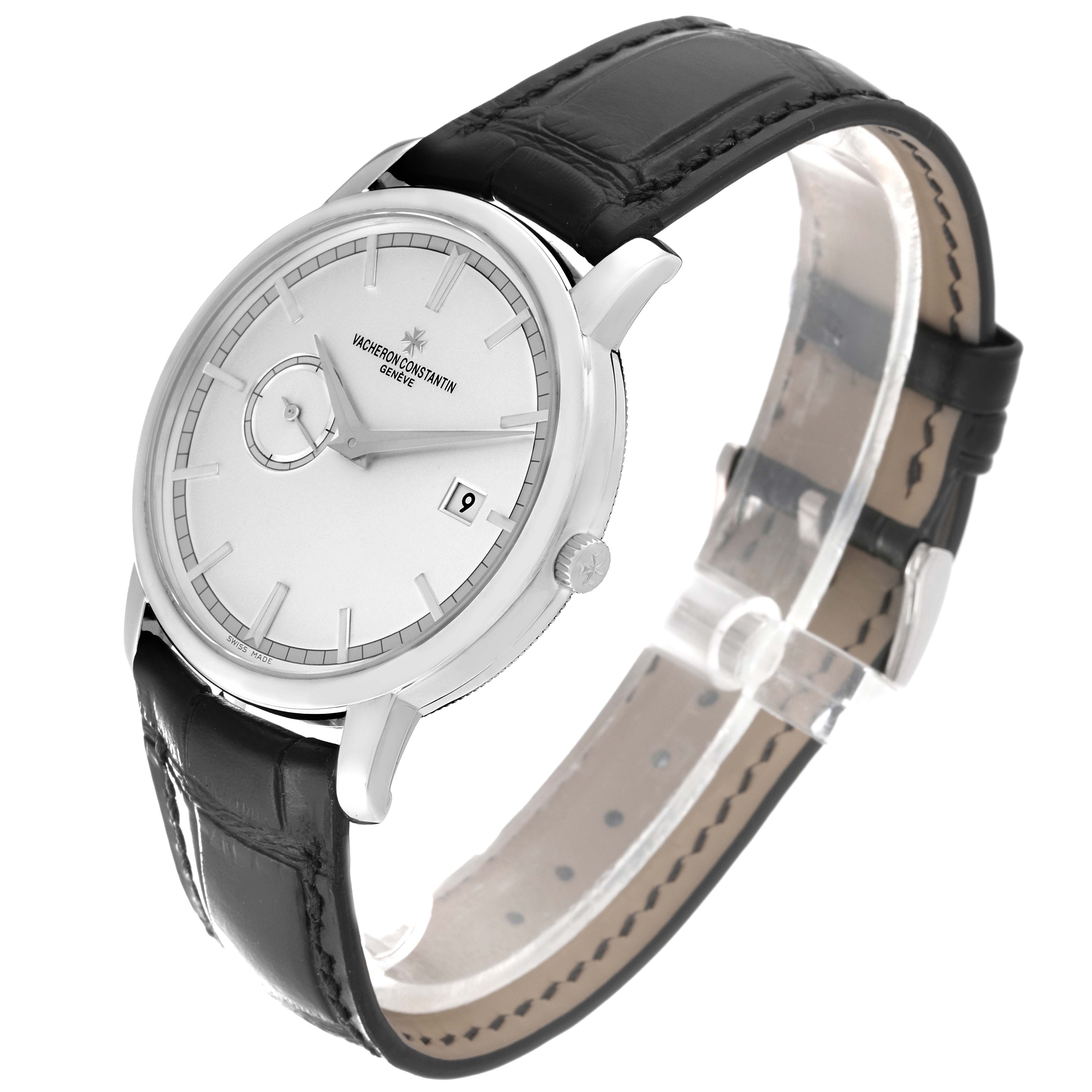 This image shows the Vacheron Constantin Traditionnelle 87172/000G-9301 Men's White Gold Silver Dial 87172/000G-9301 Men's White Gold Silver Dial watch from a three-quarter angled view, highlighting its face and leather strap.