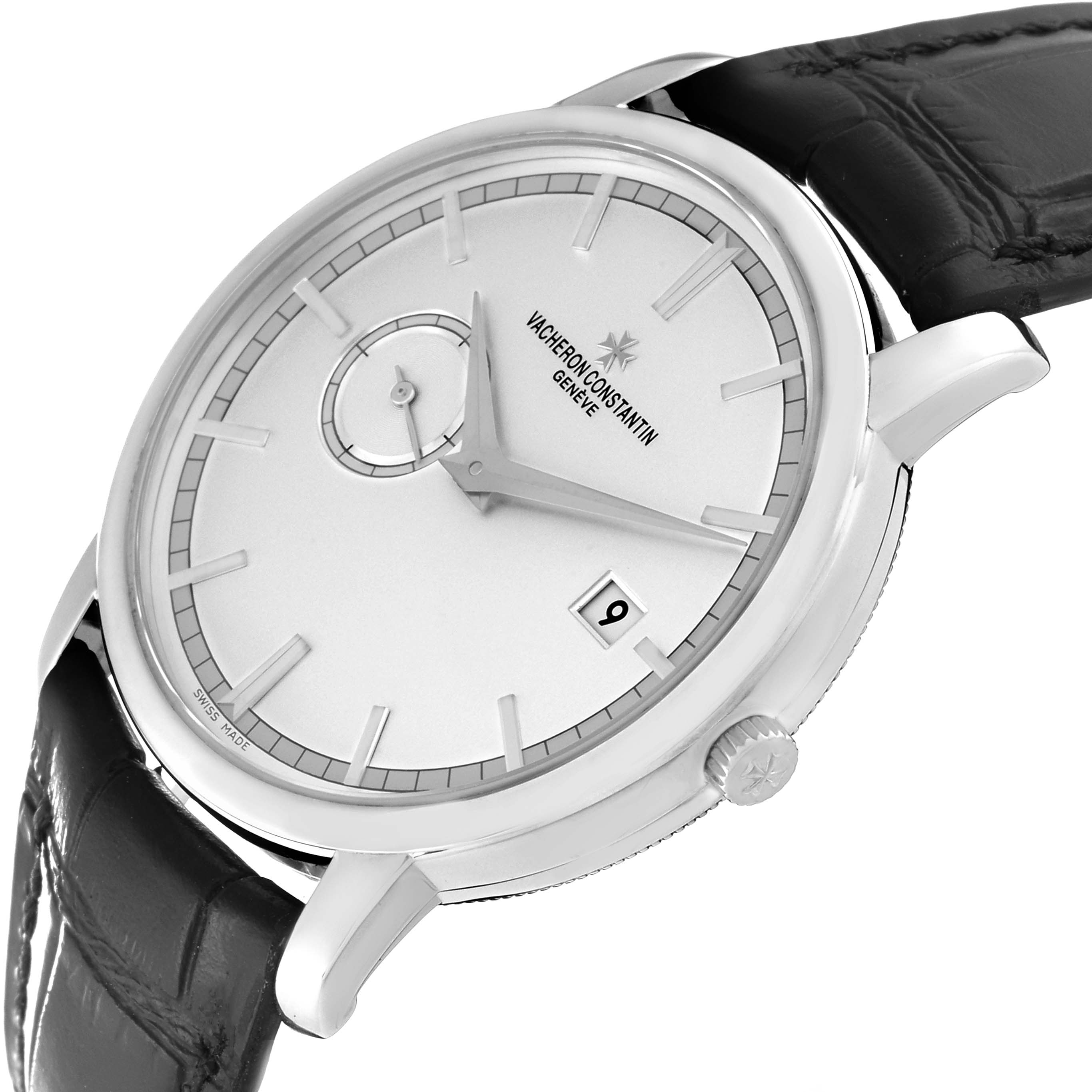 The Vacheron Constantin Traditionnelle 87172/000G-9301 Men's White Gold Silver Dial 87172/000G-9301 Men's White Gold Silver Dial watch is shown at a diagonal angle, highlighting the dial, hour markers, leather strap, and crown.