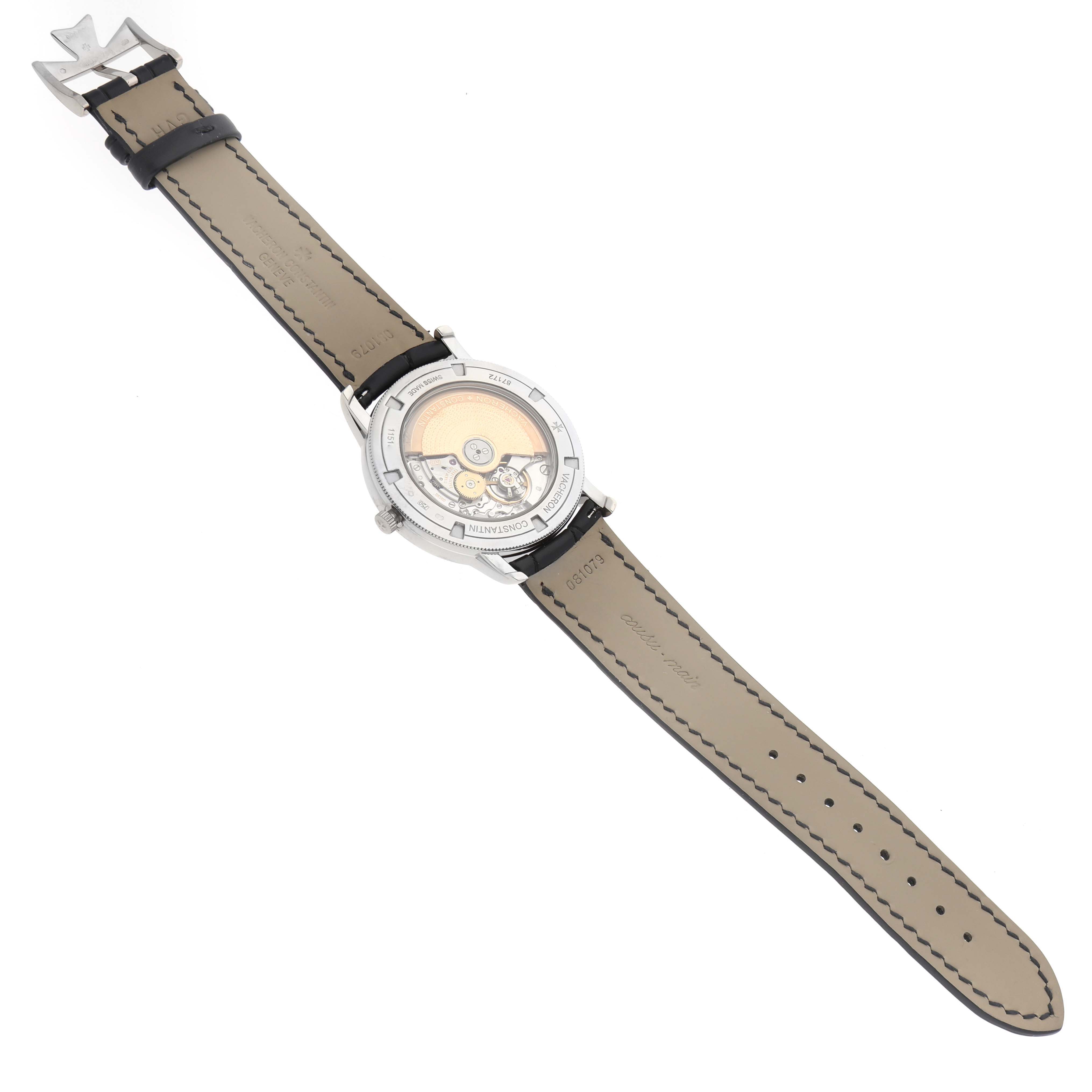 The image shows the back view of a Vacheron Constantin Traditionnelle 87172/000G-9301 Men's White Gold Silver Dial 87172/000G-9301 Men's White Gold Silver Dial watch, highlighting its movement and leather strap.