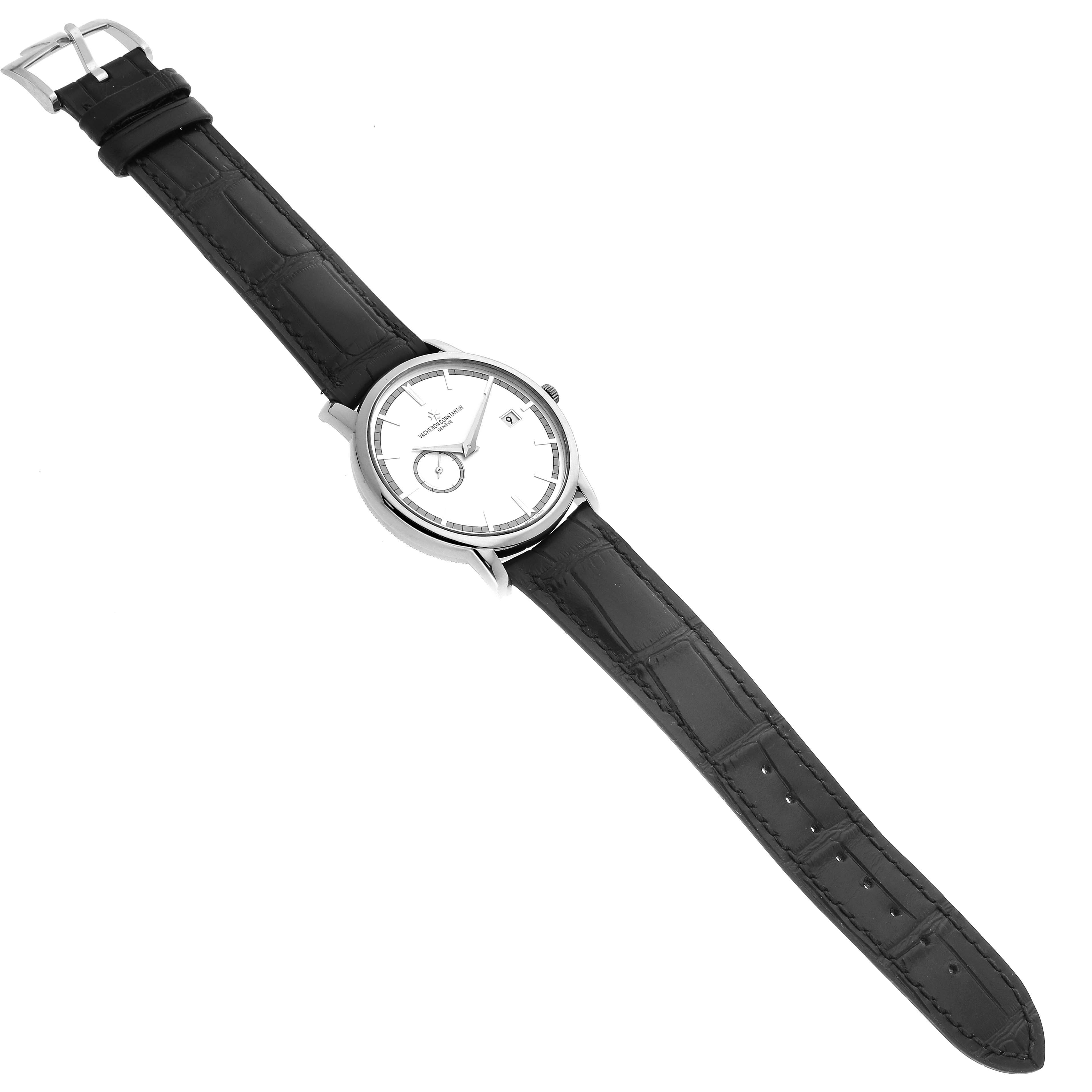 This image shows a Vacheron Constantin Traditionnelle 87172/000G-9301 Men's White Gold Silver Dial 87172/000G-9301 Men's White Gold Silver Dial watch from a top-down angle, displaying the entire face and black leather strap.