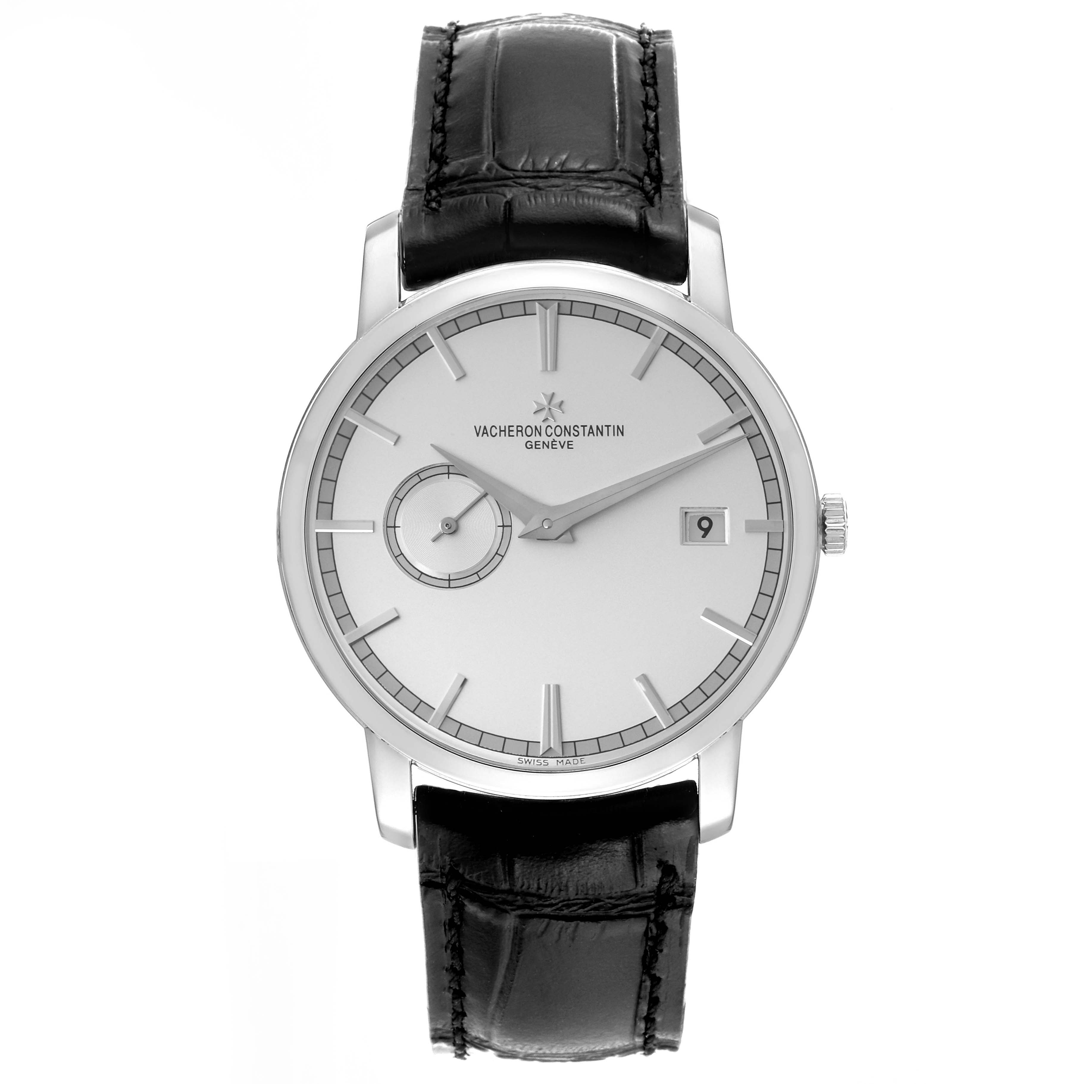 The Vacheron Constantin Traditionnelle 87172/000G-9301 Men's White Gold Silver Dial 87172/000G-9301 Men's White Gold Silver Dial watch is shown from a front angle, highlighting its dial, hands, crown, and leather strap.