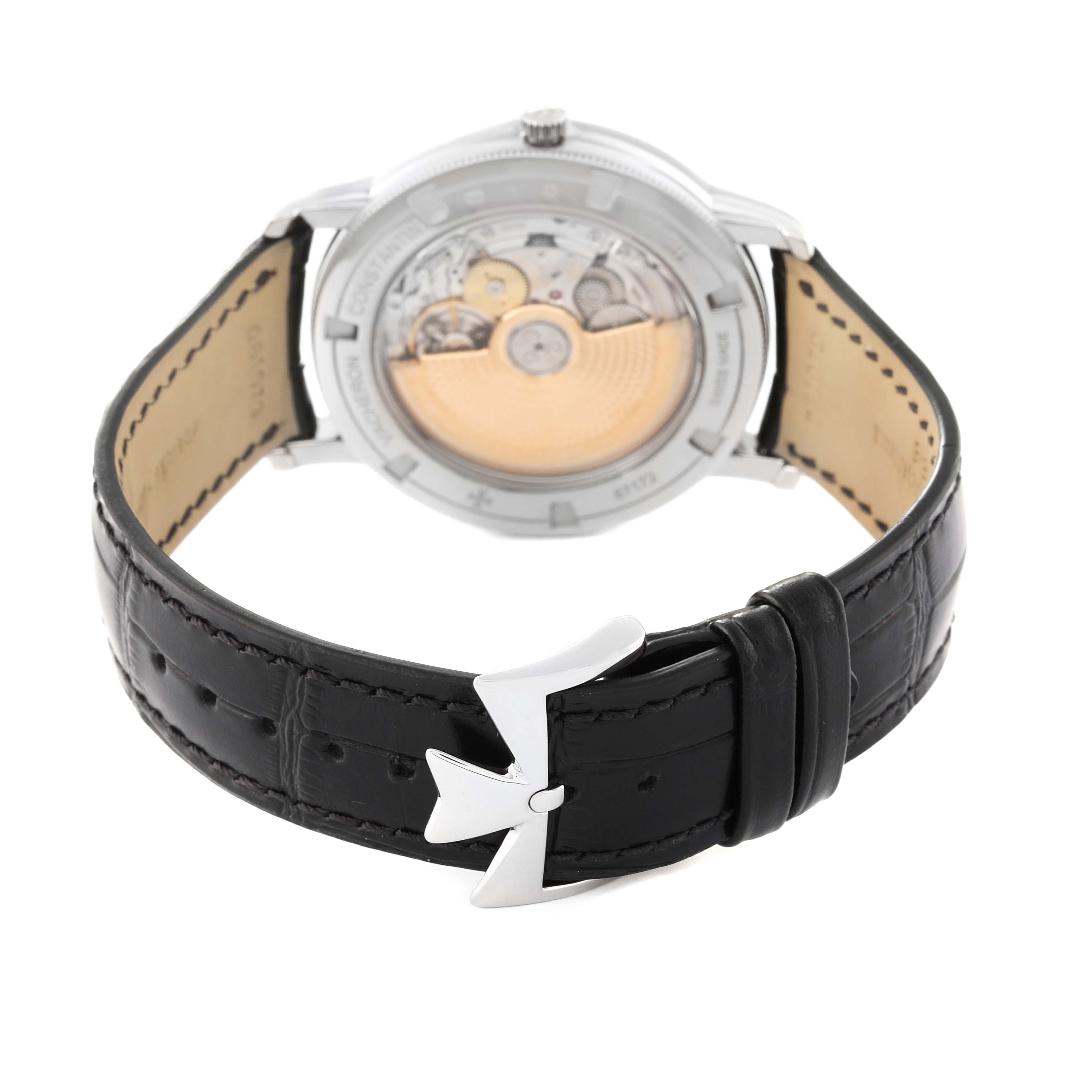 The image shows the back view of the Vacheron Constantin Traditionnelle 87172/000G-9301 Men's White Gold Silver Dial 87172/000G-9301 Men's White Gold Silver Dial watch, highlighting the movement and black leather strap.