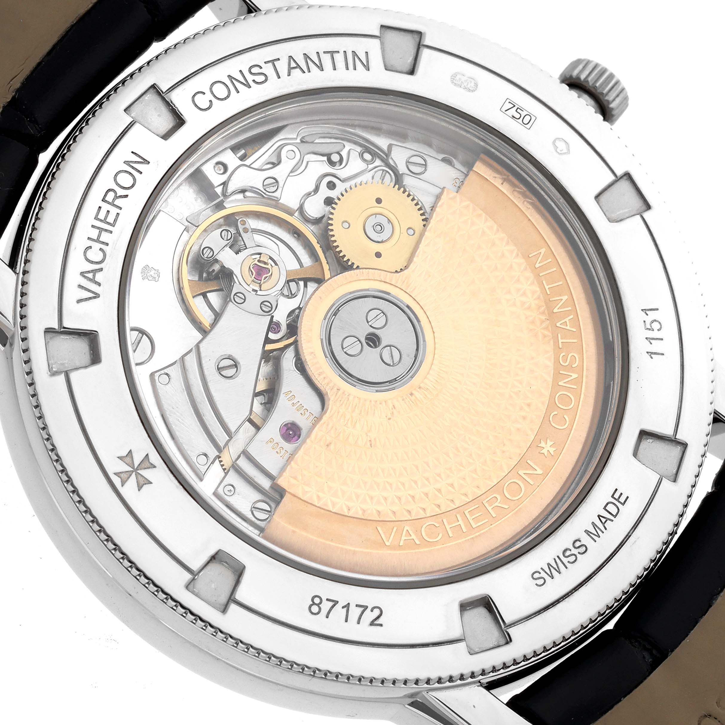 The image shows the case back of the Vacheron Constantin Traditionnelle 87172/000G-9301 Men's White Gold Silver Dial 87172/000G-9301 Men's White Gold Silver Dial model, highlighting its intricate mechanical movement.