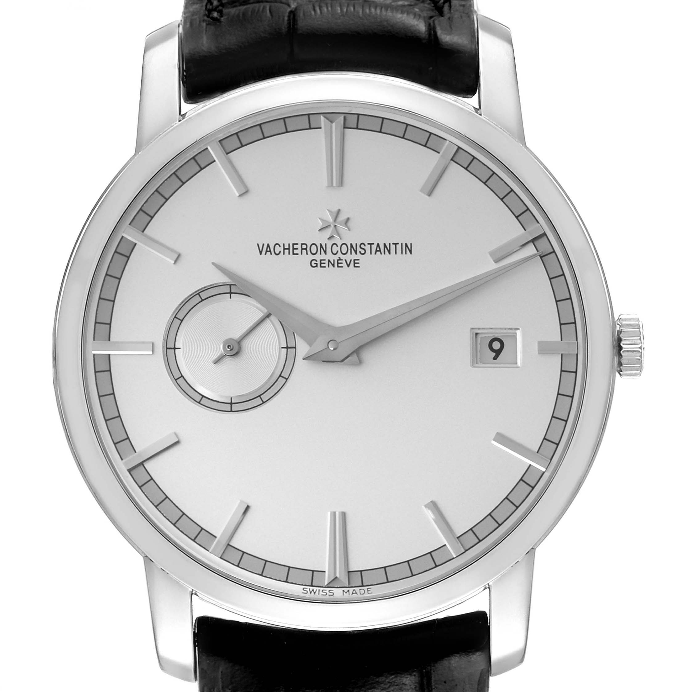 The image shows a front view of the Vacheron Constantin Traditionnelle 87172/000G-9301 Men's White Gold Silver Dial 87172/000G-9301 Men's White Gold Silver Dial watch, highlighting its dial, hands, date window, and leather strap.