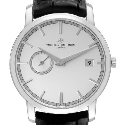 The image shows a front view of the Vacheron Constantin Traditionnelle watch, displaying its dial, indices, hands, date window, and small seconds subdial.