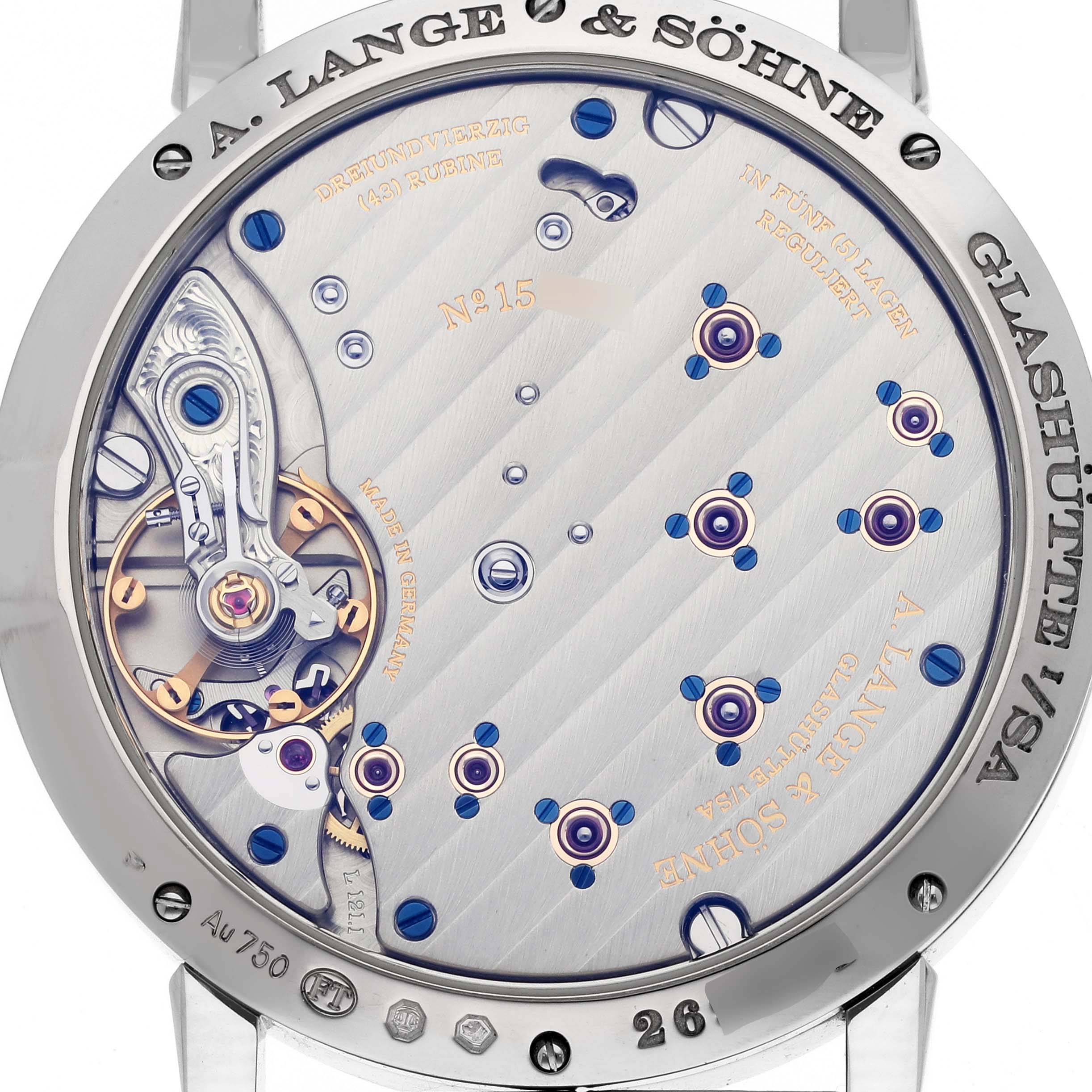 The image shows the back view of the watch mechanism for the Lange 1 model by A. Lange & Söhne, revealing intricate details.