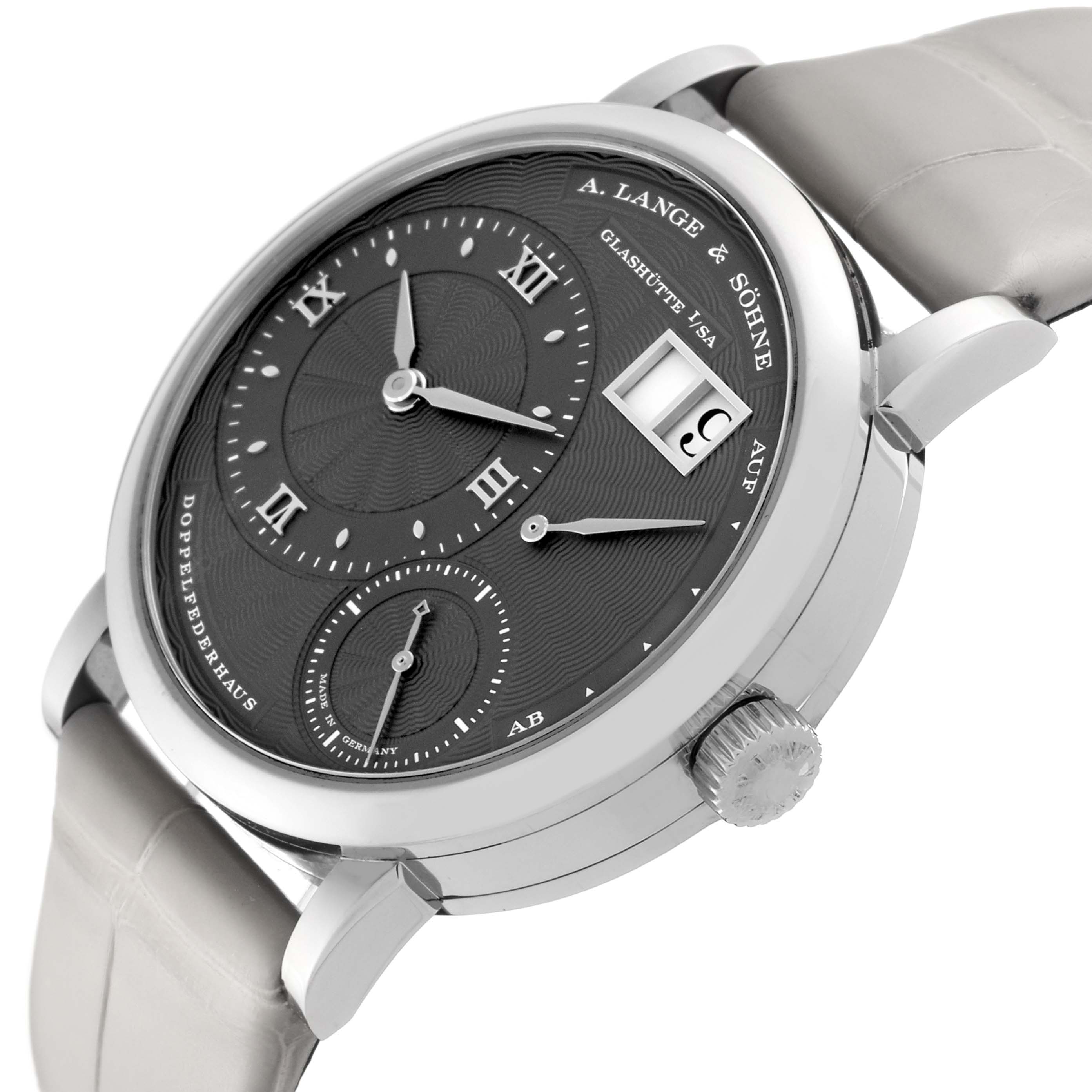 The image shows an angled side view of the A. Lange & Sohne Lange 1 181.038 Men's White Gold Grey Dial watch displaying its dial, crown, and strap.