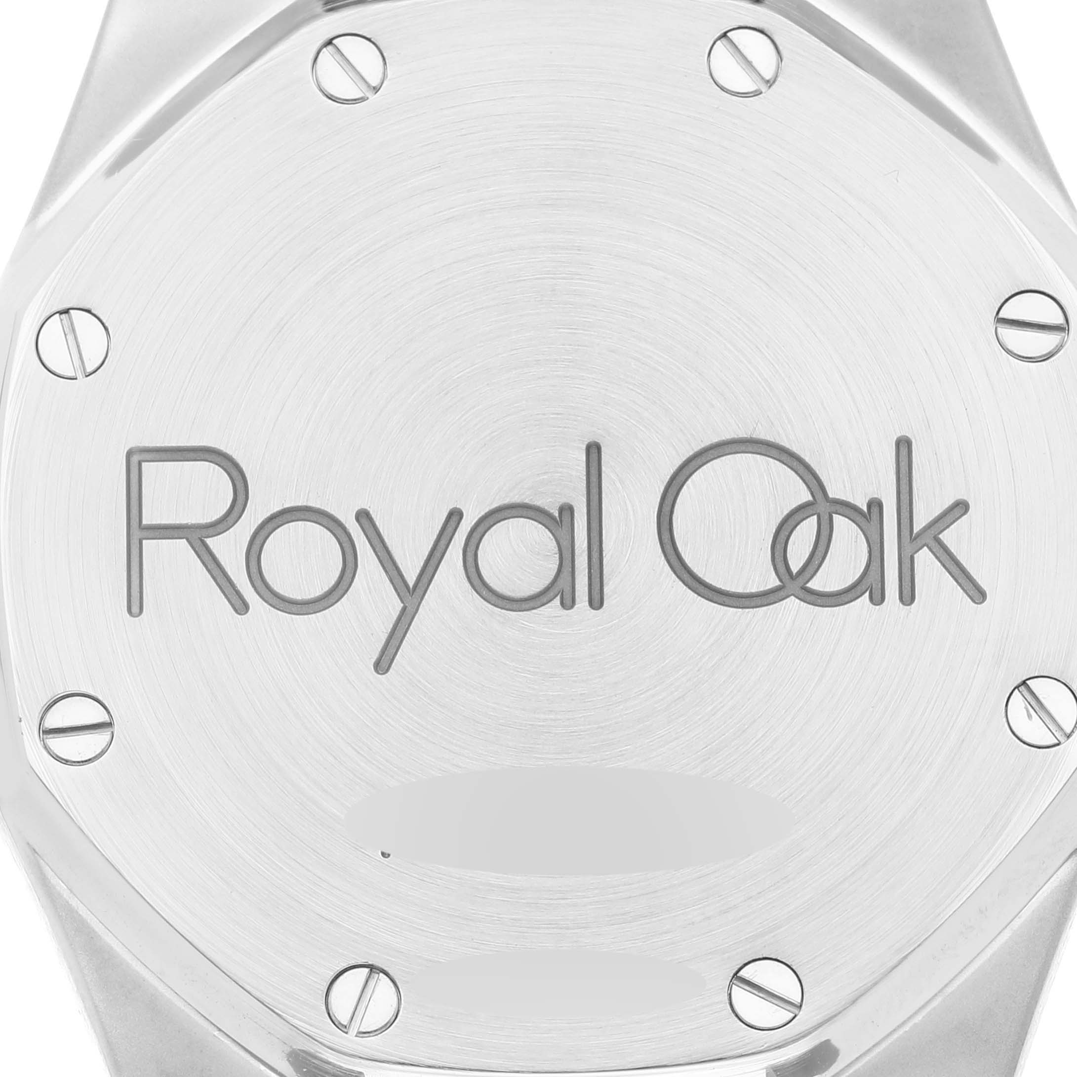 This image shows a close-up of the case back of an Audemars Piguet Royal Oak 25730ST Men's Stainless Steel Blue Dial 25730ST Men's Stainless Steel Blue Dial watch.