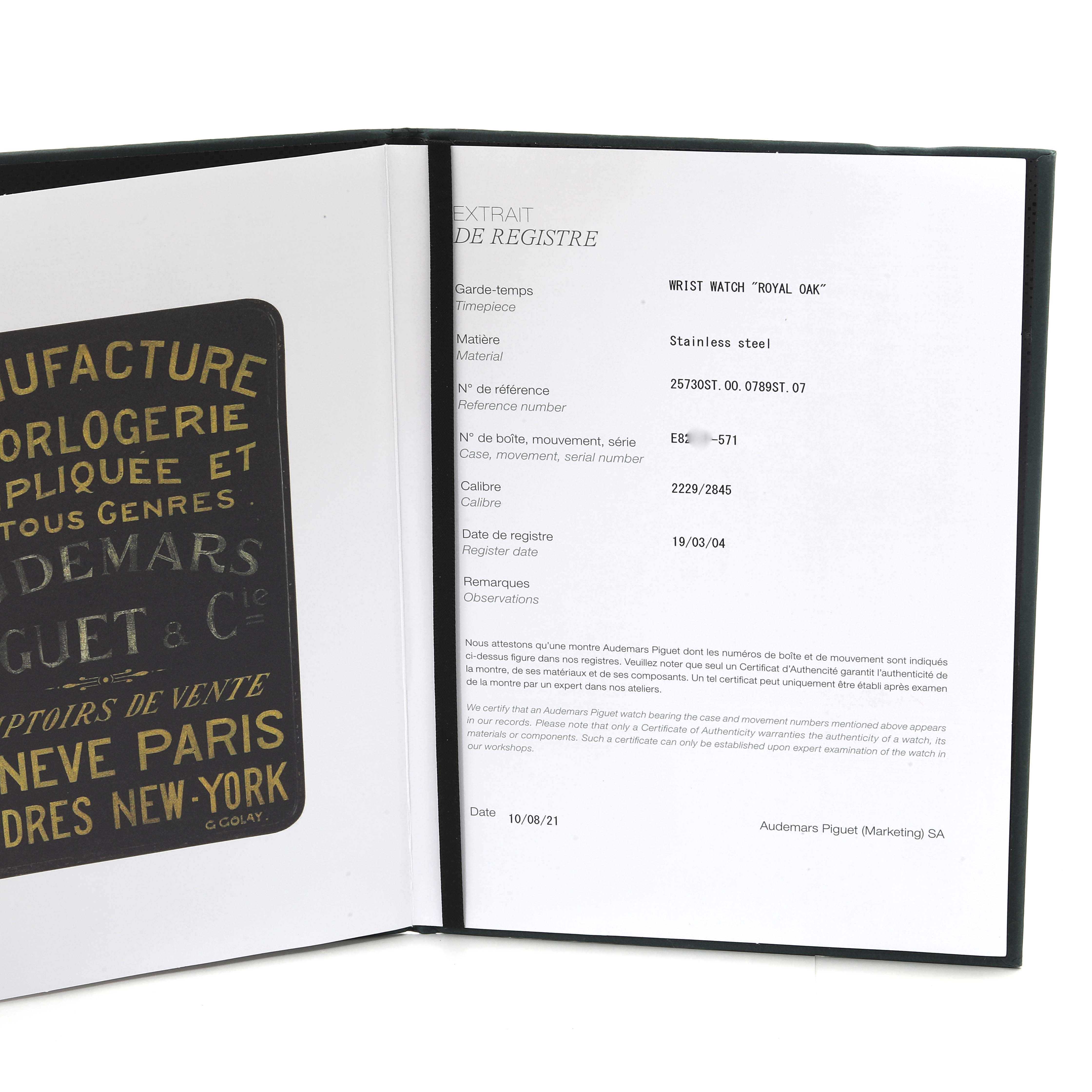 This image shows the documentation booklet for an Audemars Piguet Royal Oak 25730ST Men's Stainless Steel Blue Dial 25730ST Men's Stainless Steel Blue Dial watch, opened to reveal registration details.