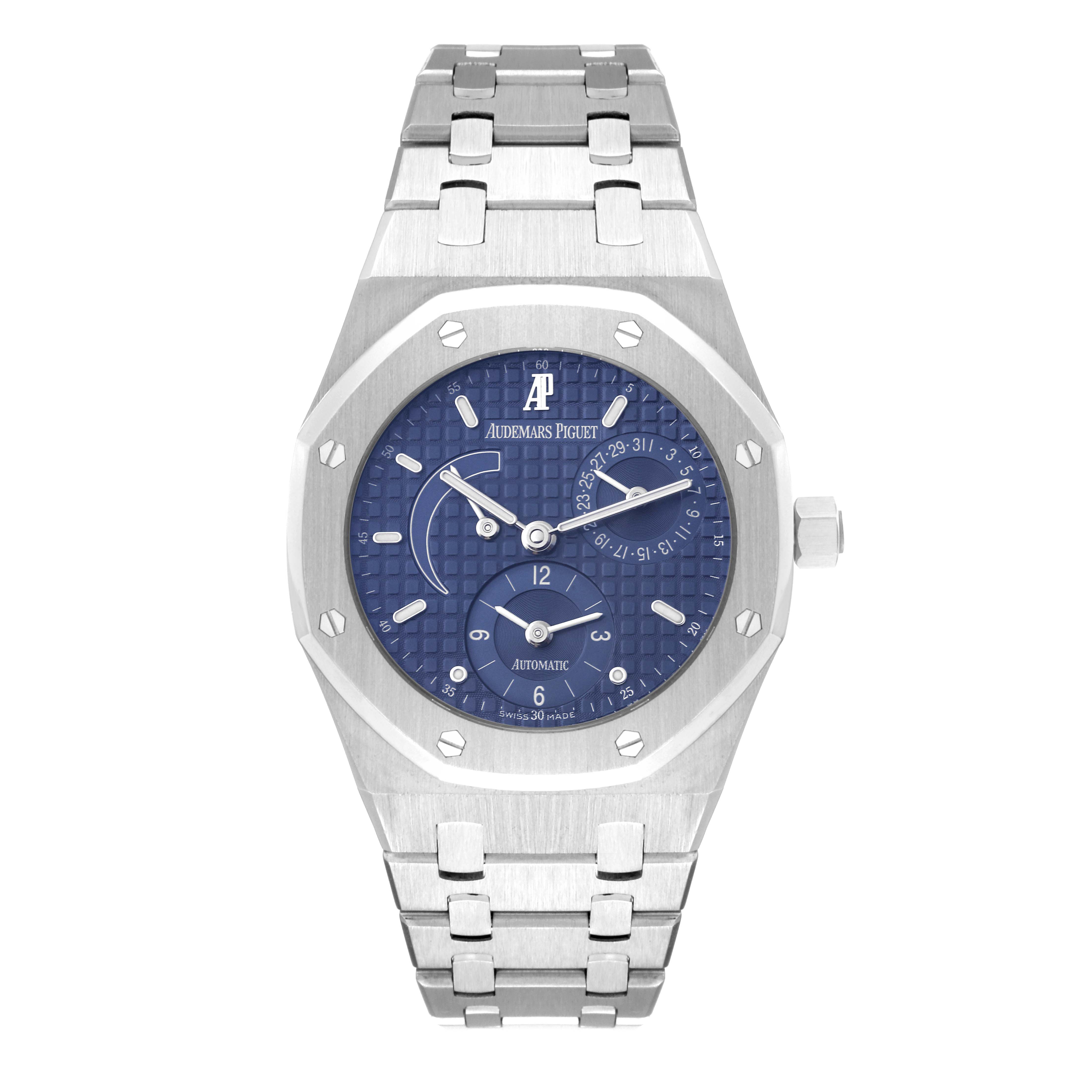 The image shows a front view of the Audemars Piguet Royal Oak 25730ST Men's Stainless Steel Blue Dial 25730ST Men's Stainless Steel Blue Dial watch, highlighting its blue dial and steel bracelet.