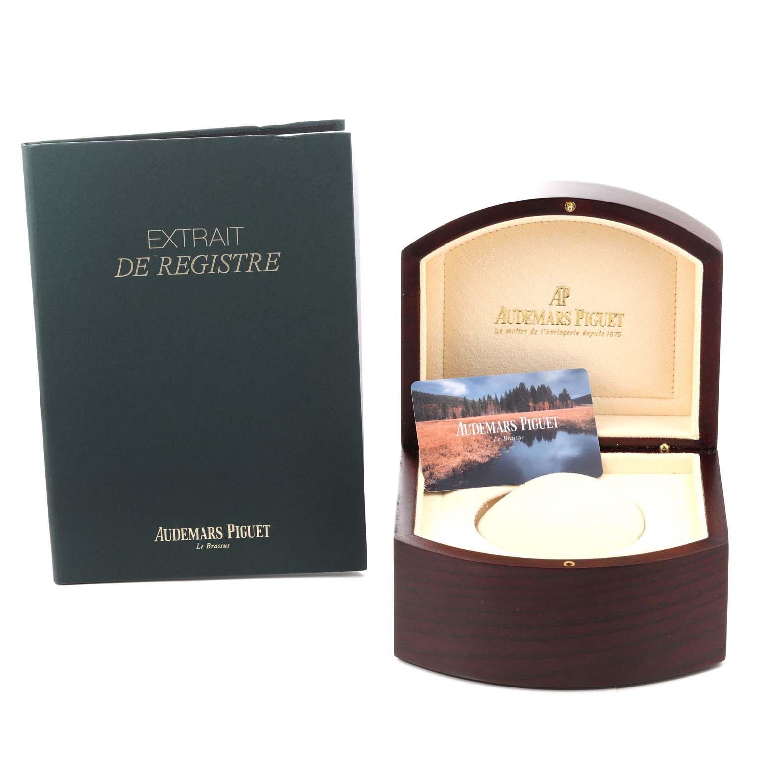 The image shows the presentation box, booklet, and card for the Audemars Piguet Royal Oak 25730ST Men's Stainless Steel Blue Dial 25730ST Men's Stainless Steel Blue Dial watch.