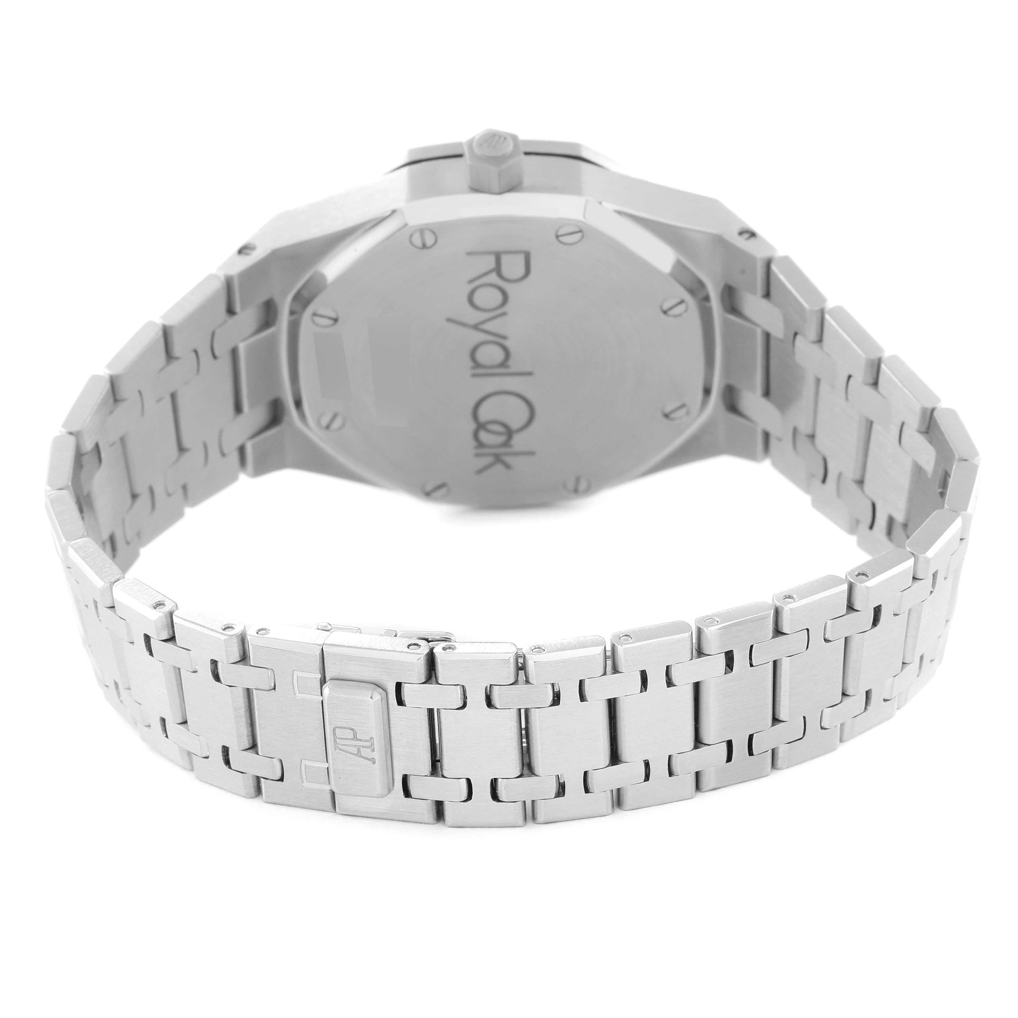 The image shows the back view of the Audemars Piguet Royal Oak 25730ST Men's Stainless Steel Blue Dial 25730ST Men's Stainless Steel Blue Dial watch, highlighting the caseback and bracelet.