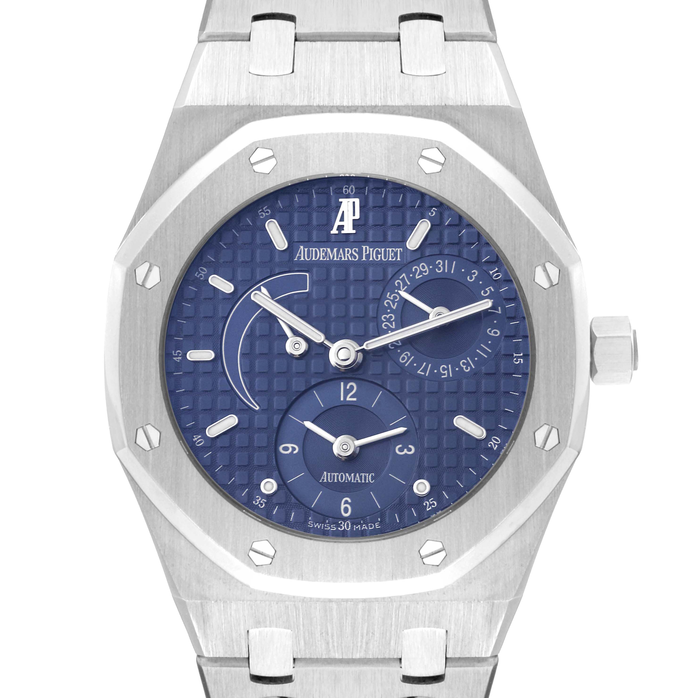 The image shows a frontal view of an Audemars Piguet Royal Oak 25730ST Men's Stainless Steel Blue Dial 25730ST Men's Stainless Steel Blue Dial watch, highlighting the blue dial, octagonal bezel, and stainless steel bracelet.