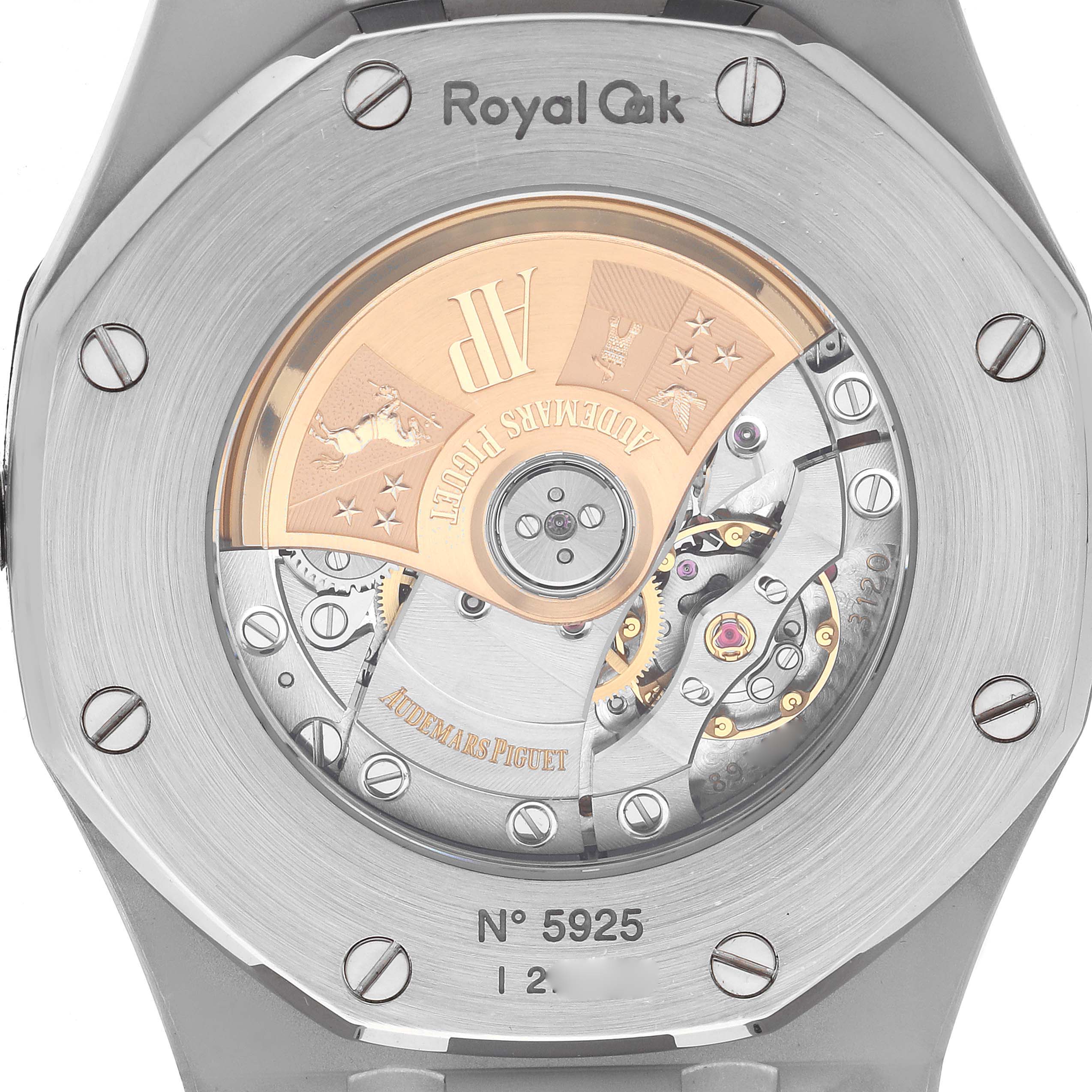 The image shows the case back of a Royal Oak by Audemars Piguet, highlighting the visible movement and rotor.