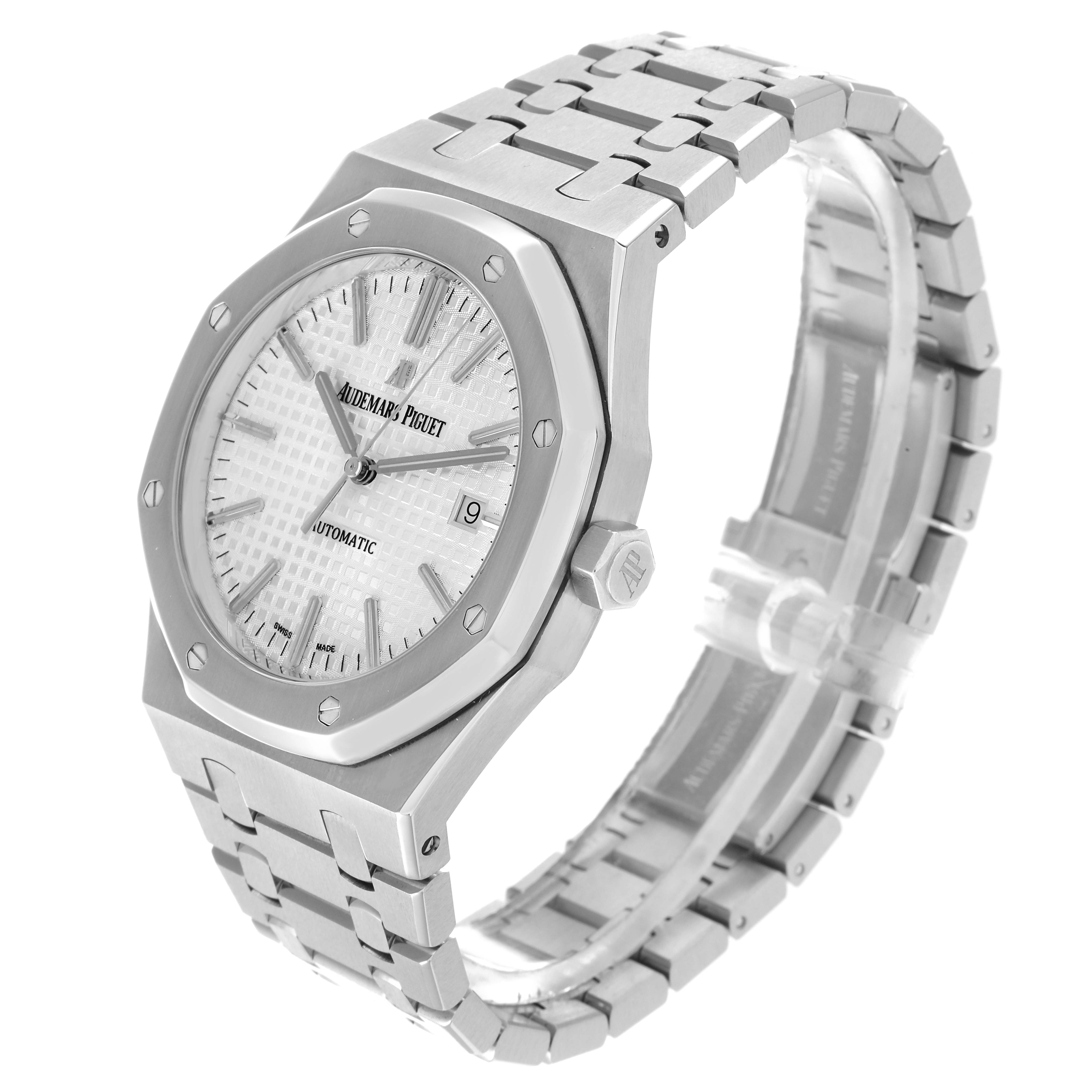 The Audemars Piguet Royal Oak 15400ST Men
s Stainless Steel Silver Dial watch is shown at a three-quarter angle, displaying the dial, bezel, crown, and metal bracelet.