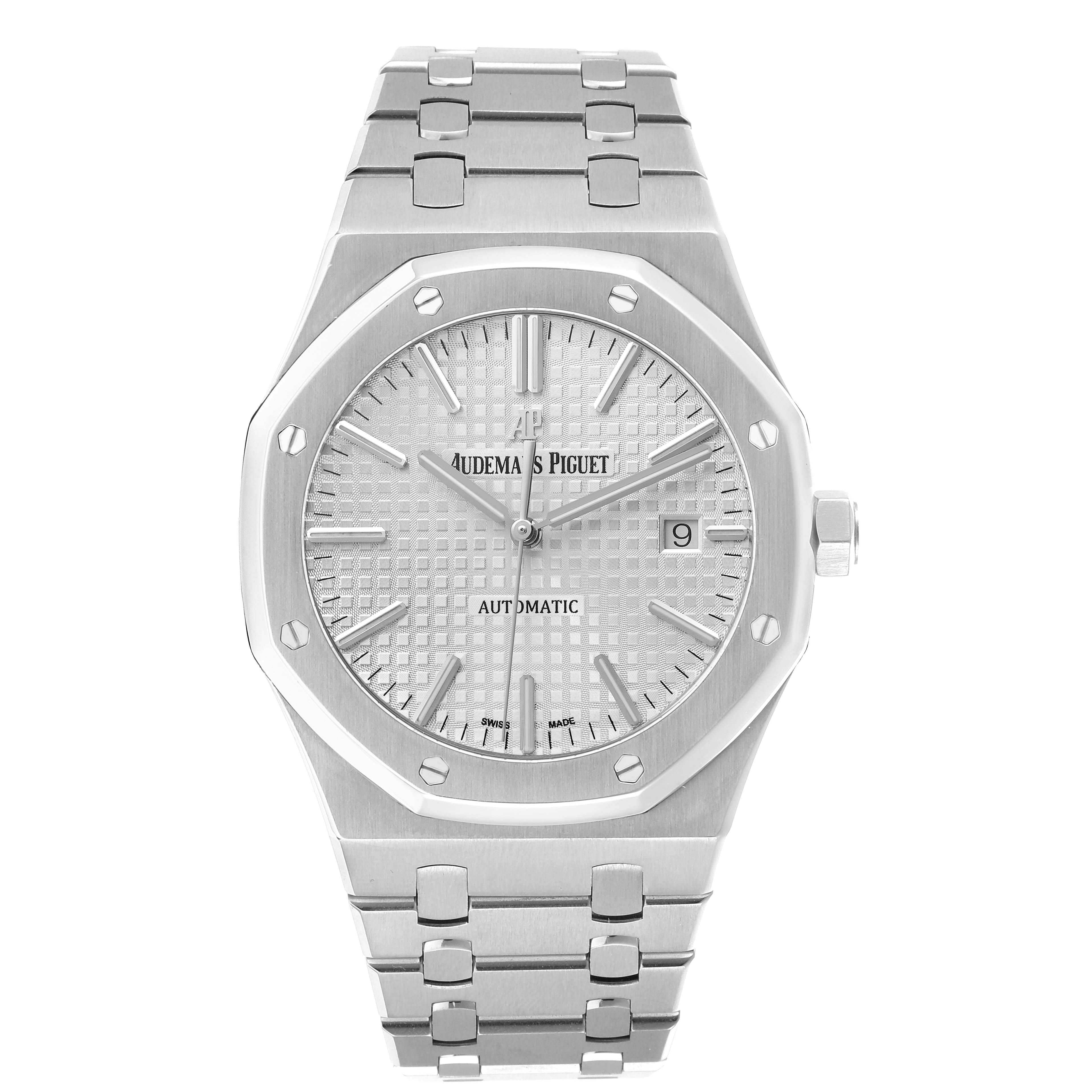 The Audemars Piguet Royal Oak 15400ST Men
s Stainless Steel Silver Dial watch is shown from a front angle displaying the dial, bezel, and part of the bracelet.