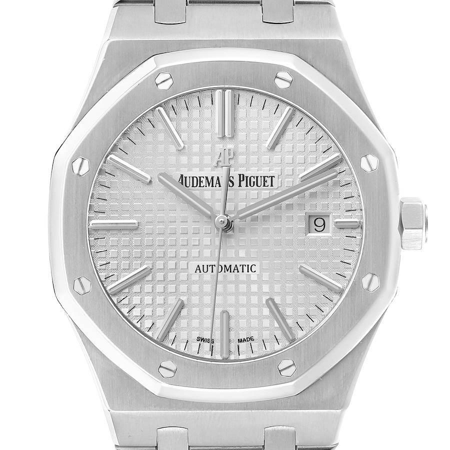 The Audemars Piguet Royal Oak 15400ST Men's Stainless Steel Silver Dial watch is shown from the front, highlighting the octagonal bezel, textured dial, and bracelet.