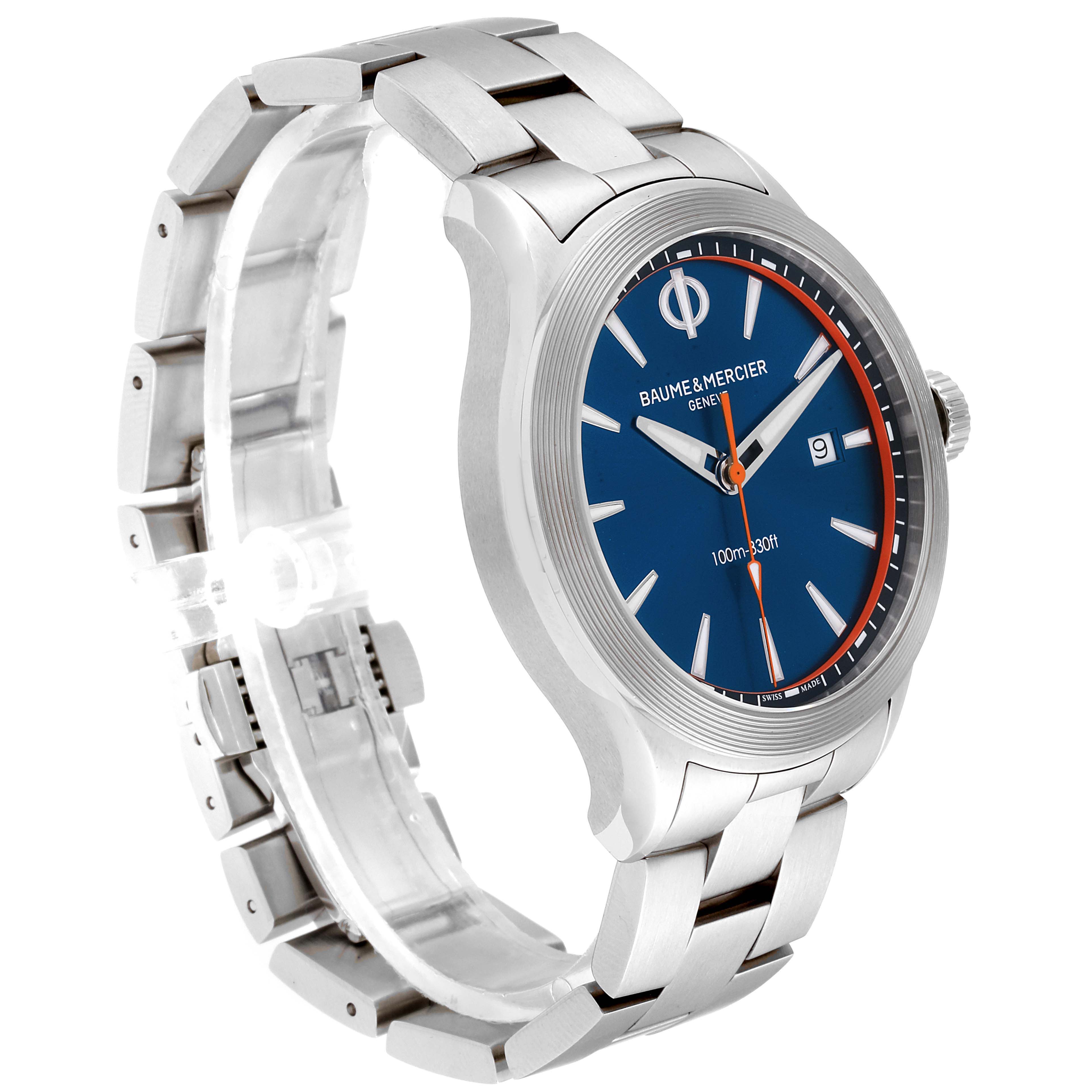 This image shows a Baume & Mercier Clifton M0A10413 Men's Stainless Steel Blue Dial M0A10413 Men's Stainless Steel Blue Dial watch at a tilted angle, displaying its blue dial, stainless steel bracelet, and side profile.