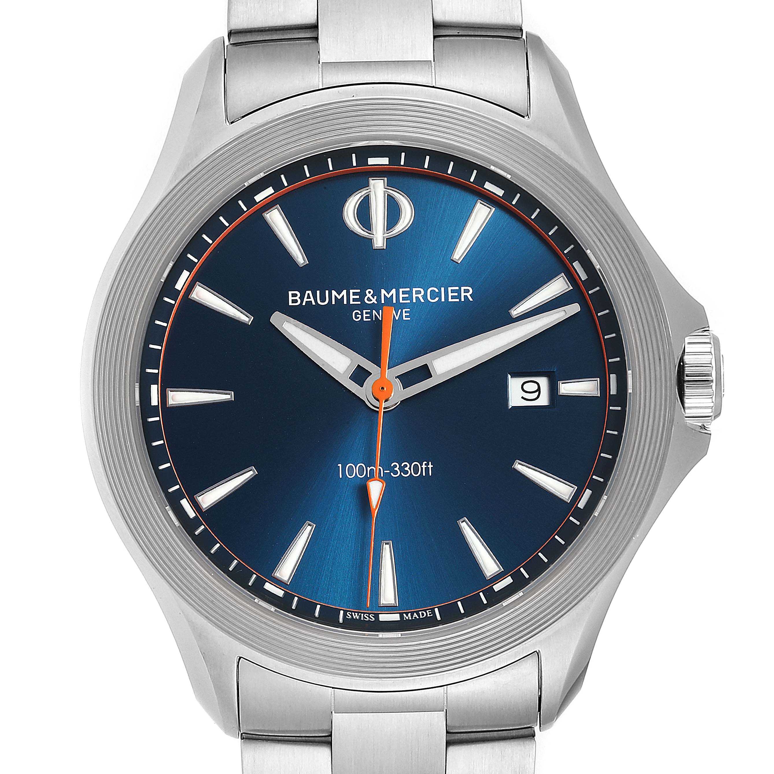 The image shows a front view of the Baume & Mercier Clifton M0A10413 Men's Stainless Steel Blue Dial M0A10413 Men's Stainless Steel Blue Dial model watch, highlighting the face, hands, and bracelet.