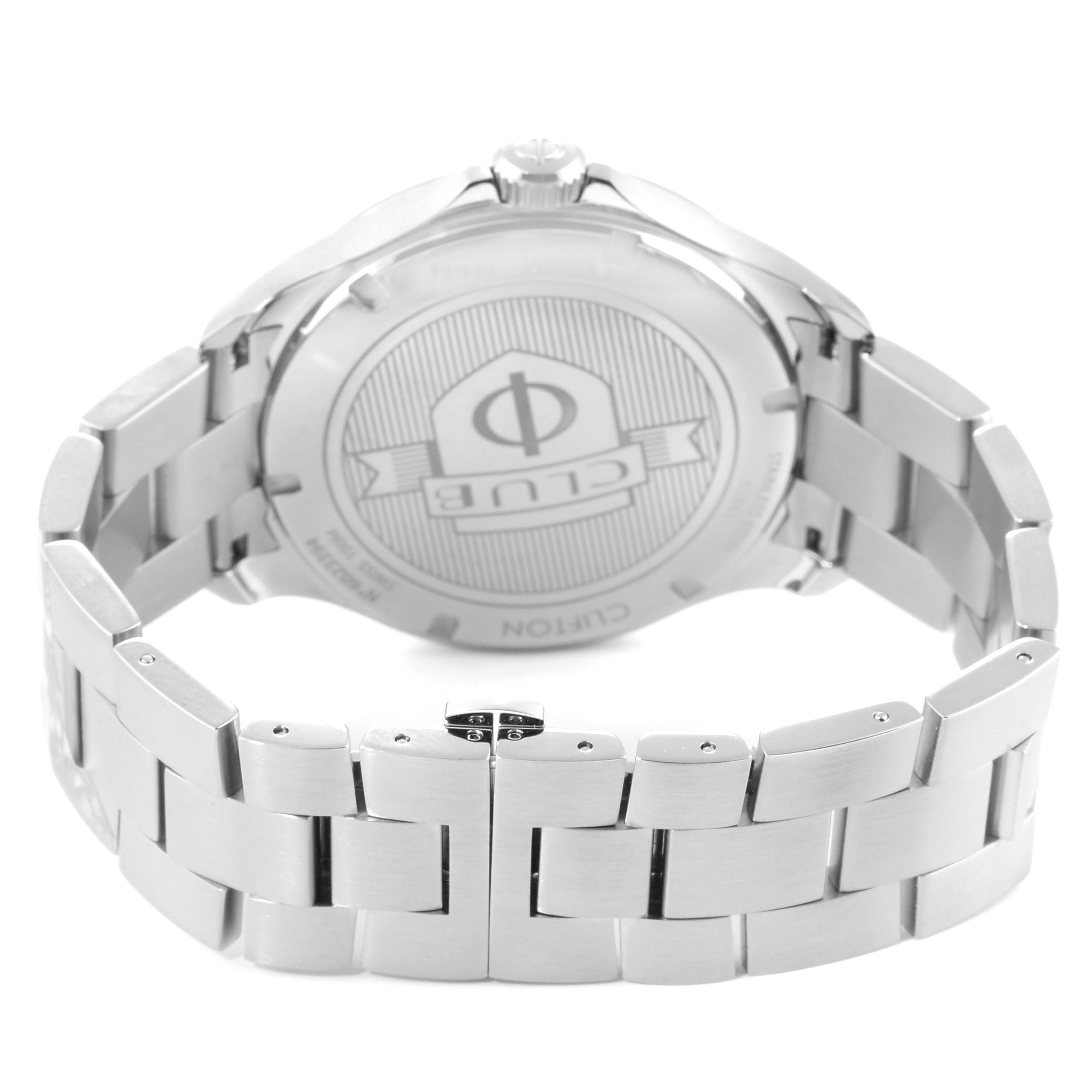 The image shows the back case and bracelet of a Baume & Mercier Clifton M0A10413 Men's Stainless Steel Blue Dial M0A10413 Men's Stainless Steel Blue Dial watch from a rear angle.