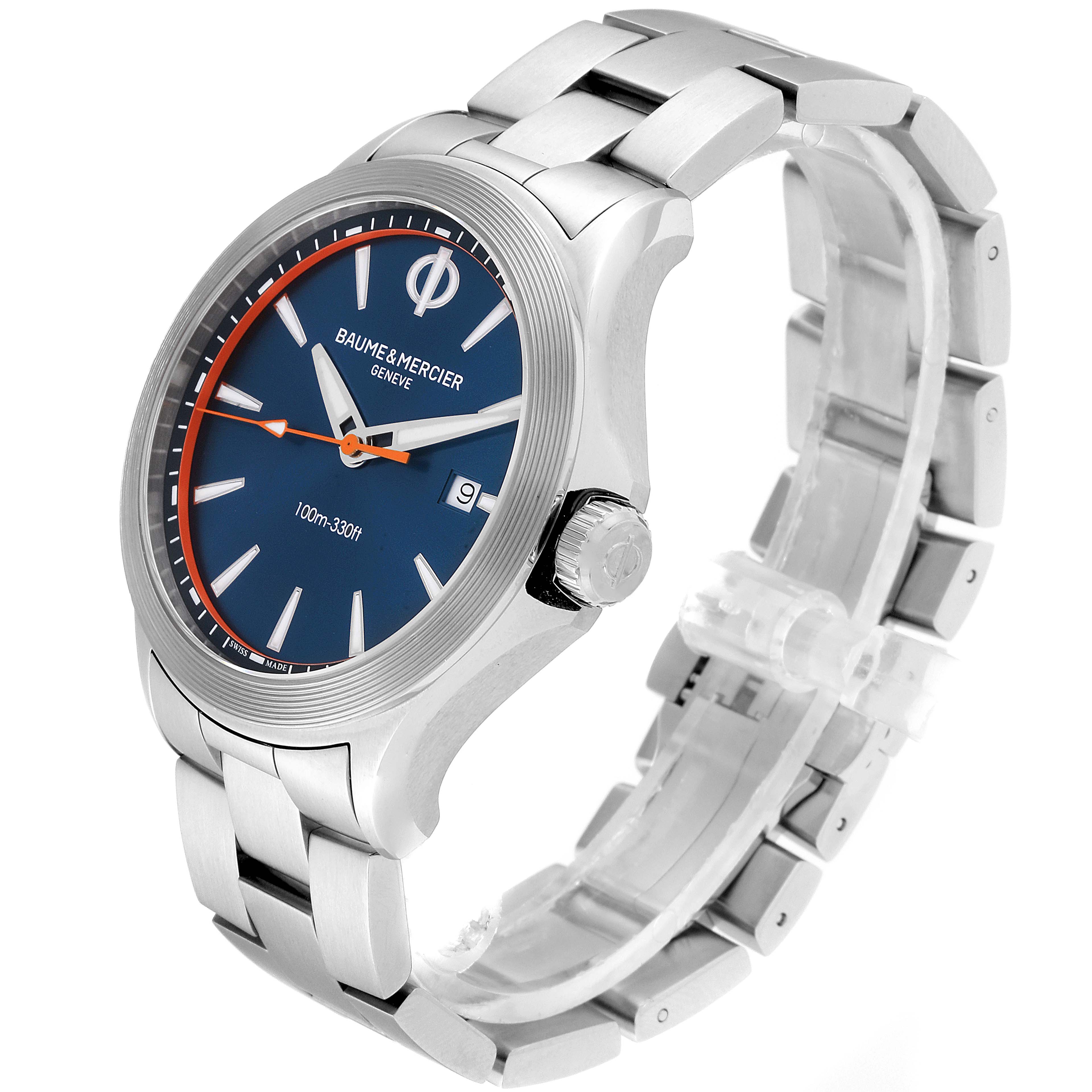 The image shows a Baume & Mercier Clifton M0A10413 Men's Stainless Steel Blue Dial M0A10413 Men's Stainless Steel Blue Dial watch at a slight side angle, displaying the face, crown, and bracelet.