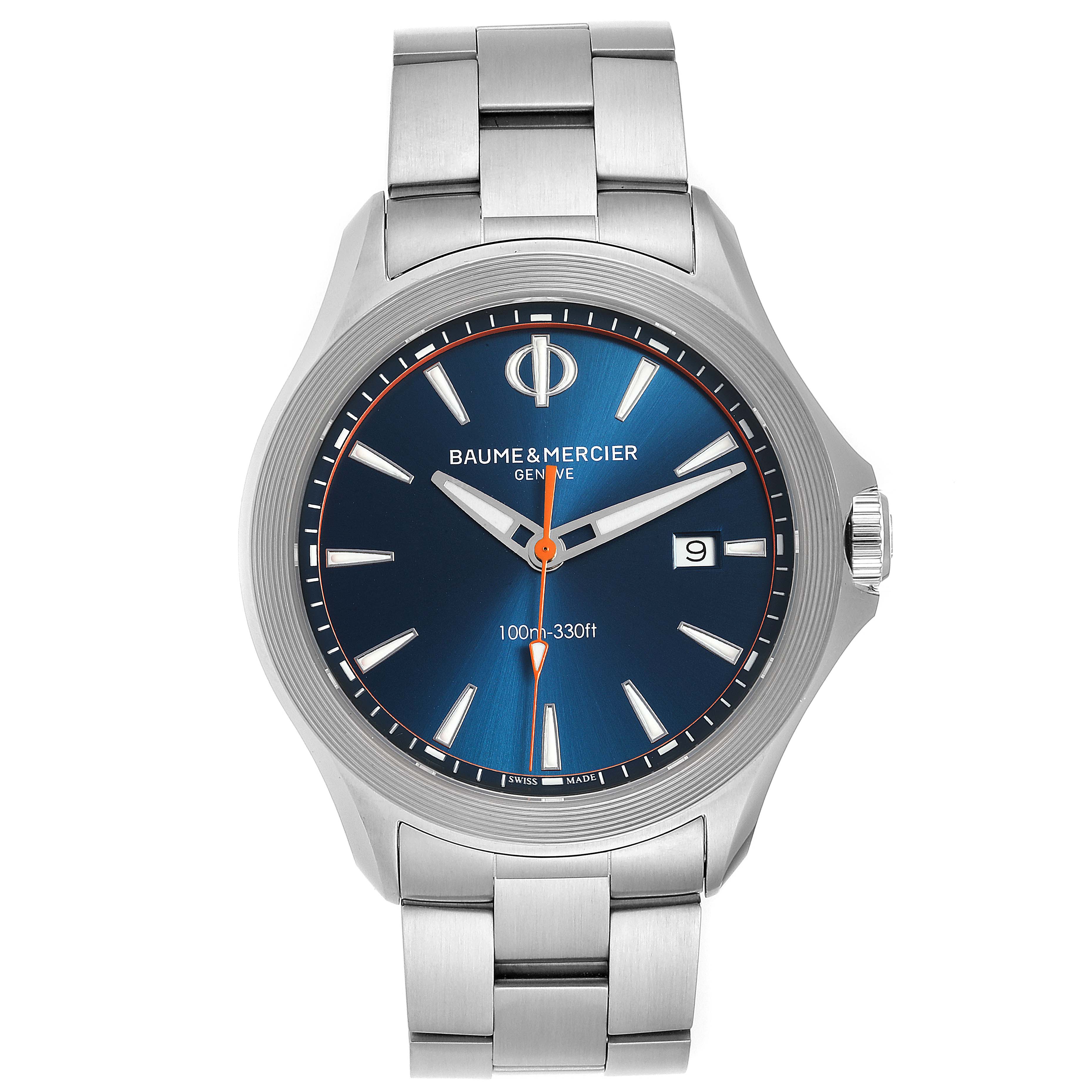 The image shows a front view of the Baume & Mercier Clifton M0A10413 Men's Stainless Steel Blue Dial M0A10413 Men's Stainless Steel Blue Dial model watch with a metal band.