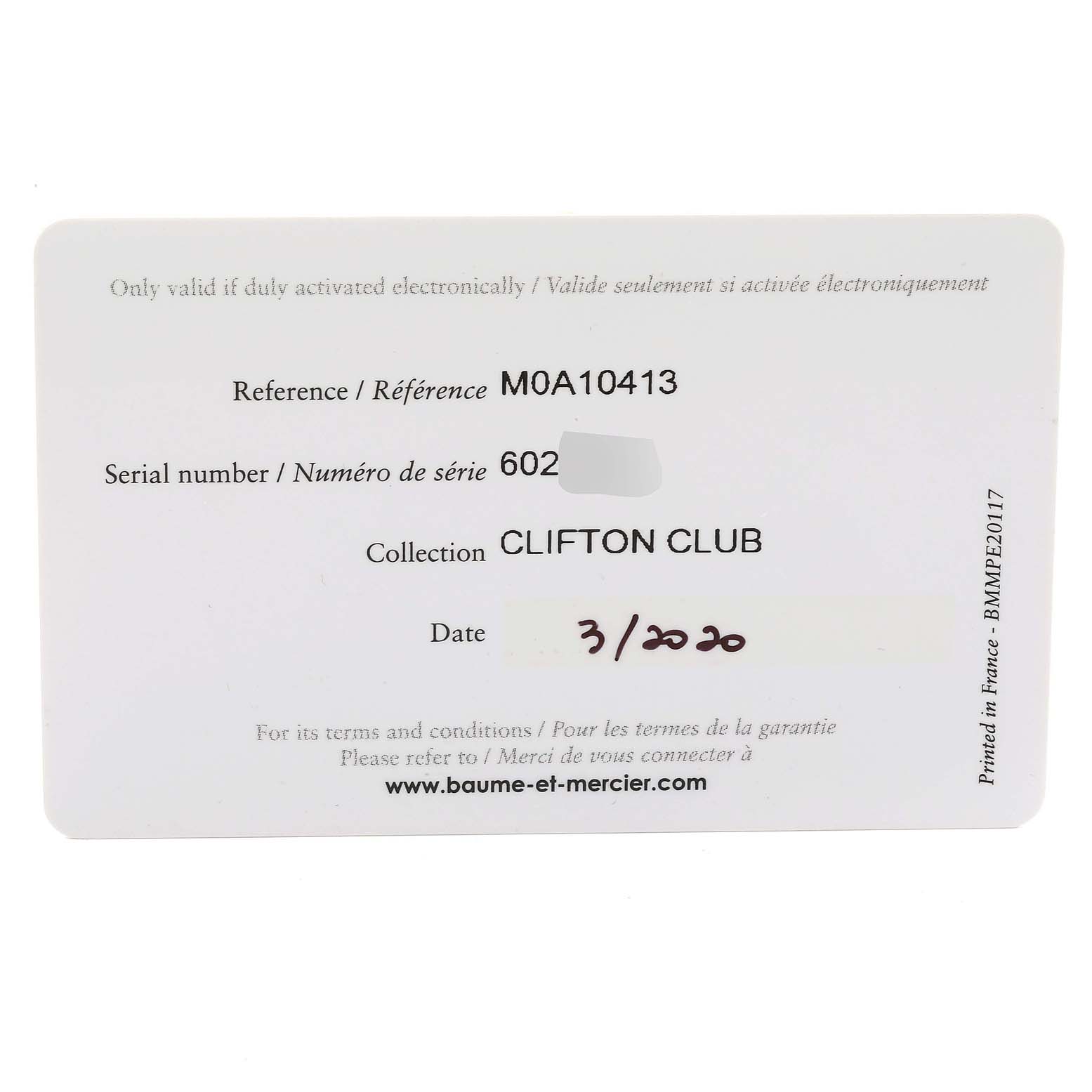 The image shows a warranty card for the Baume & Mercier Clifton M0A10413 Men's Stainless Steel Blue Dial M0A10413 Men's Stainless Steel Blue Dial Club watch model.