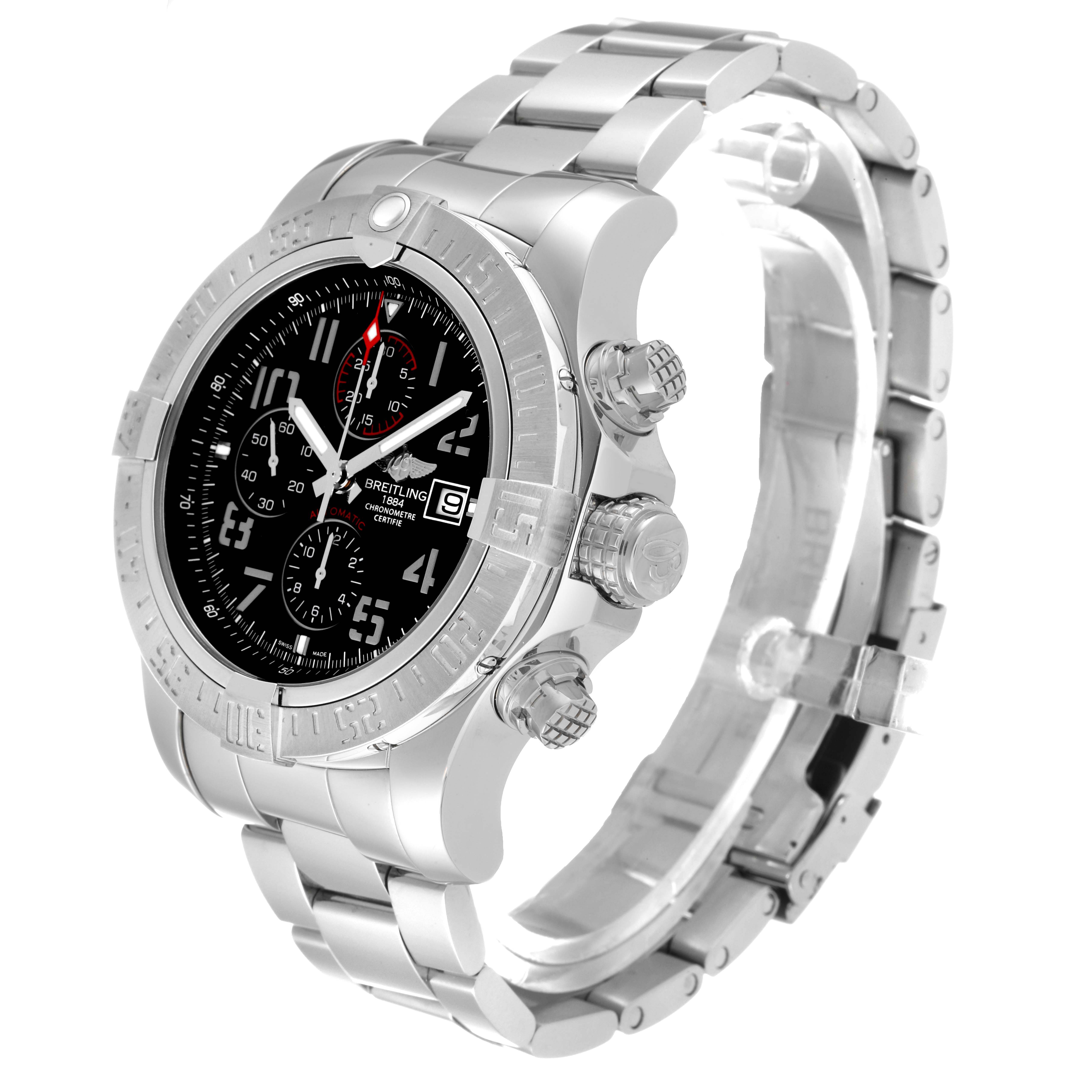 The Breitling Avenger A13371 Men's Stainless Steel Black Dial A13371 Men's Stainless Steel Black Dial watch is shown at a three-quarter angle, highlighting its dial, bezel, and metal bracelet.