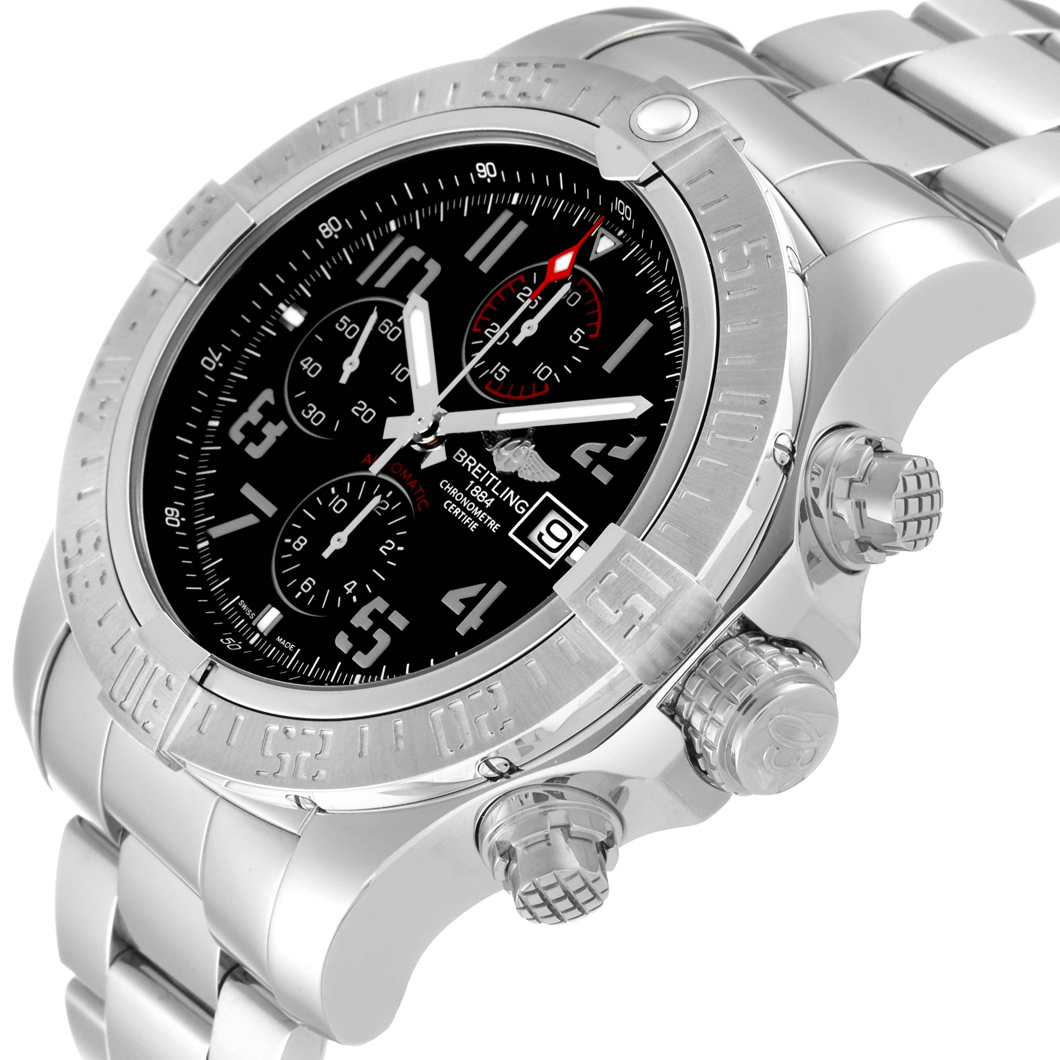 The image shows a close-up angle of the Breitling Avenger A13371 Men's Stainless Steel Black Dial A13371 Men's Stainless Steel Black Dial watch, highlighting its black dial, date display, and metal bracelet.