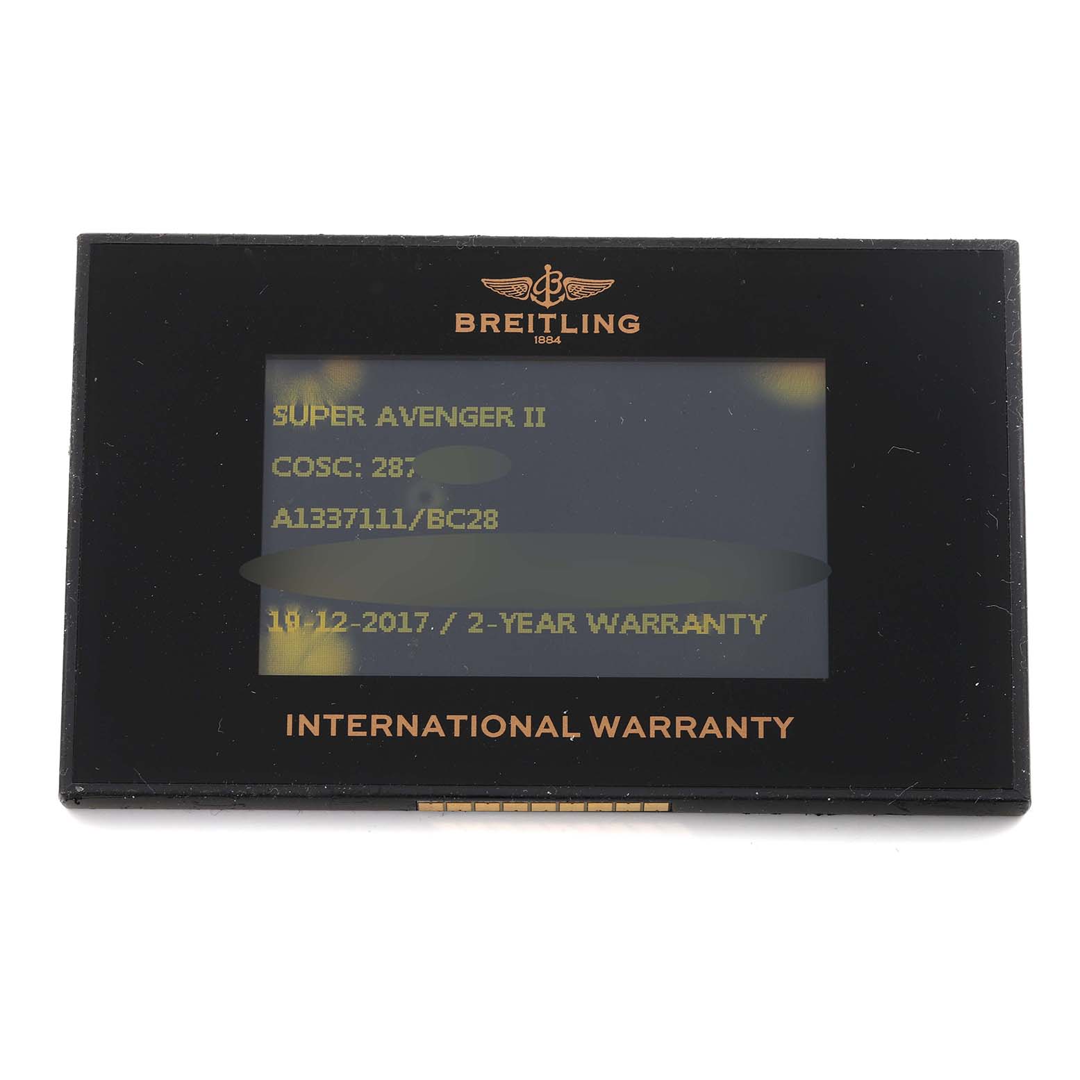This image shows the international warranty card for a Breitling Super Avenger II watch.