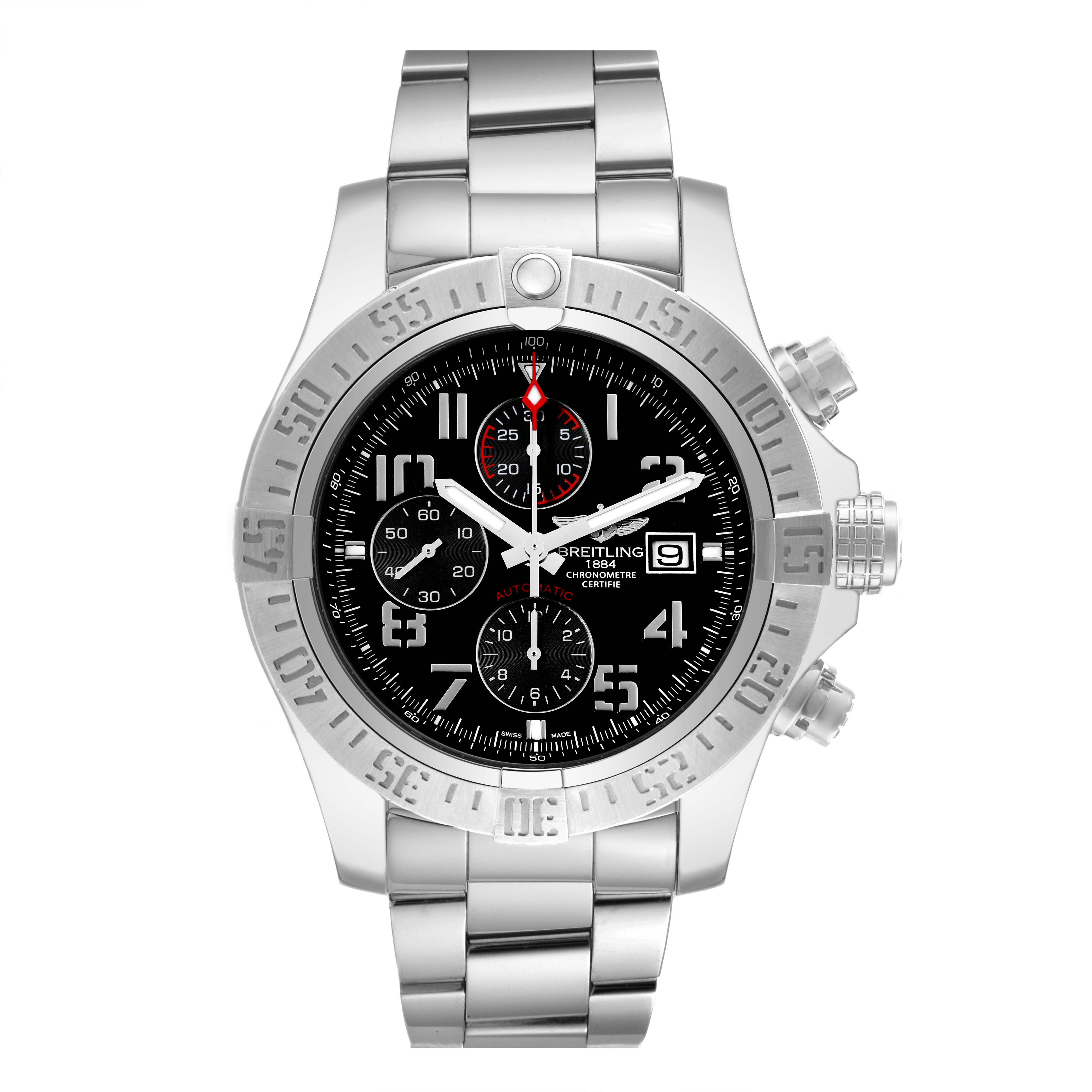 The image shows a front view of the Breitling Avenger A13371 Men's Stainless Steel Black Dial A13371 Men's Stainless Steel Black Dial watch, highlighting its face, bezel, and bracelet.