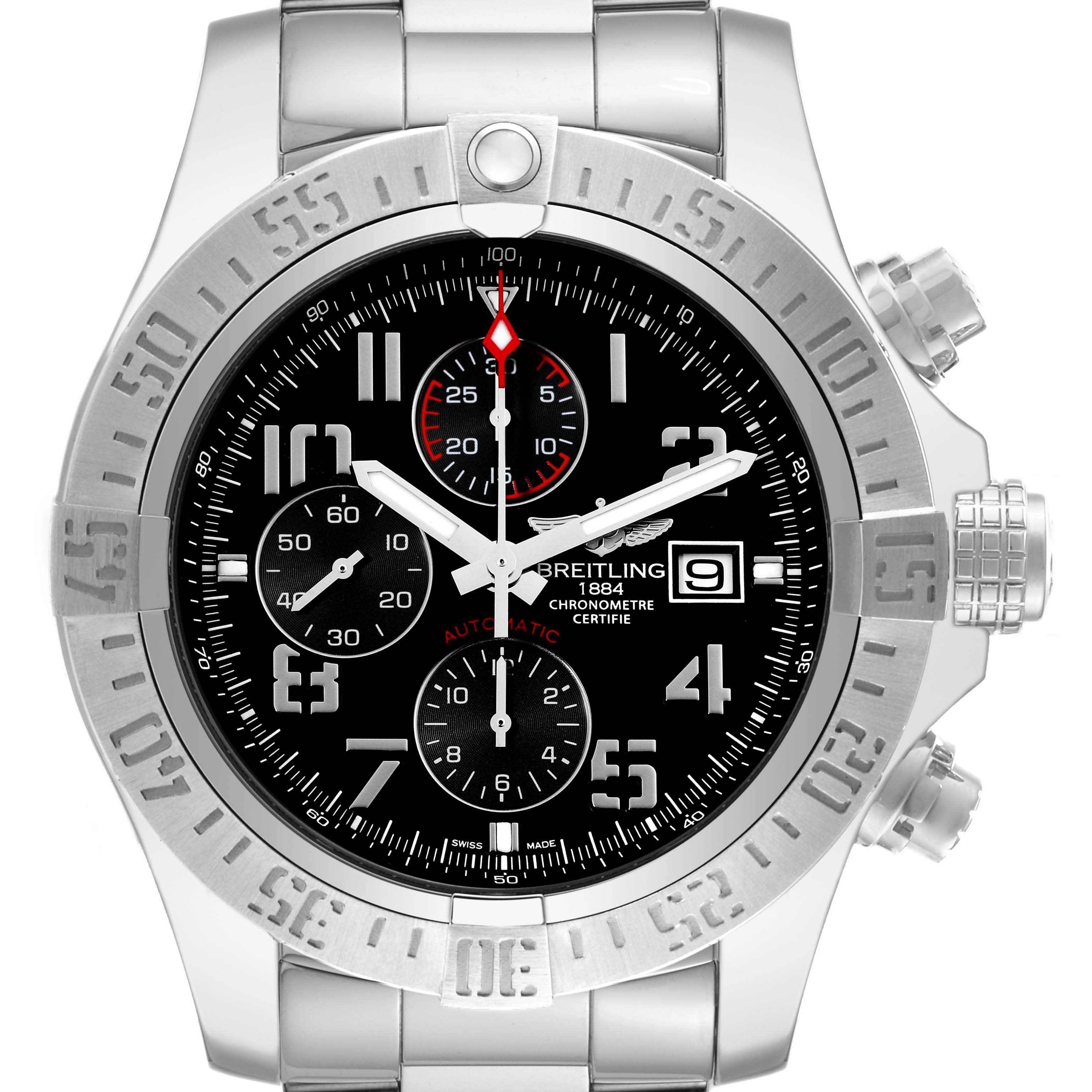The image shows a front view of the Breitling Avenger A13371 Men's Stainless Steel Black Dial A13371 Men's Stainless Steel Black Dial watch, displaying its dial, bezel, and chronograph sub-dials.