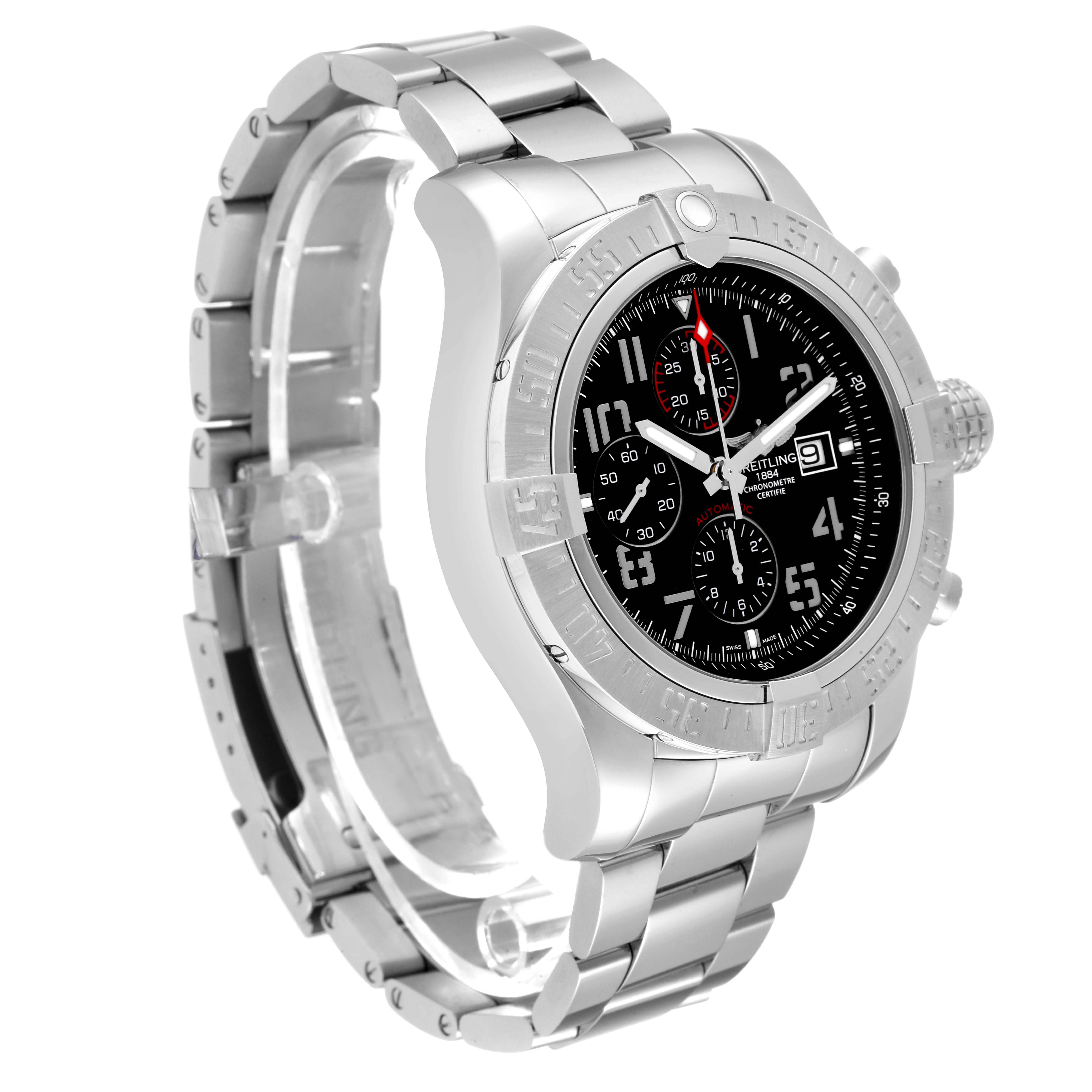 The Breitling Avenger A13371 Men's Stainless Steel Black Dial A13371 Men's Stainless Steel Black Dial watch is shown at a three-quarter angle, displaying its bezel, dial, crown, and bracelet.