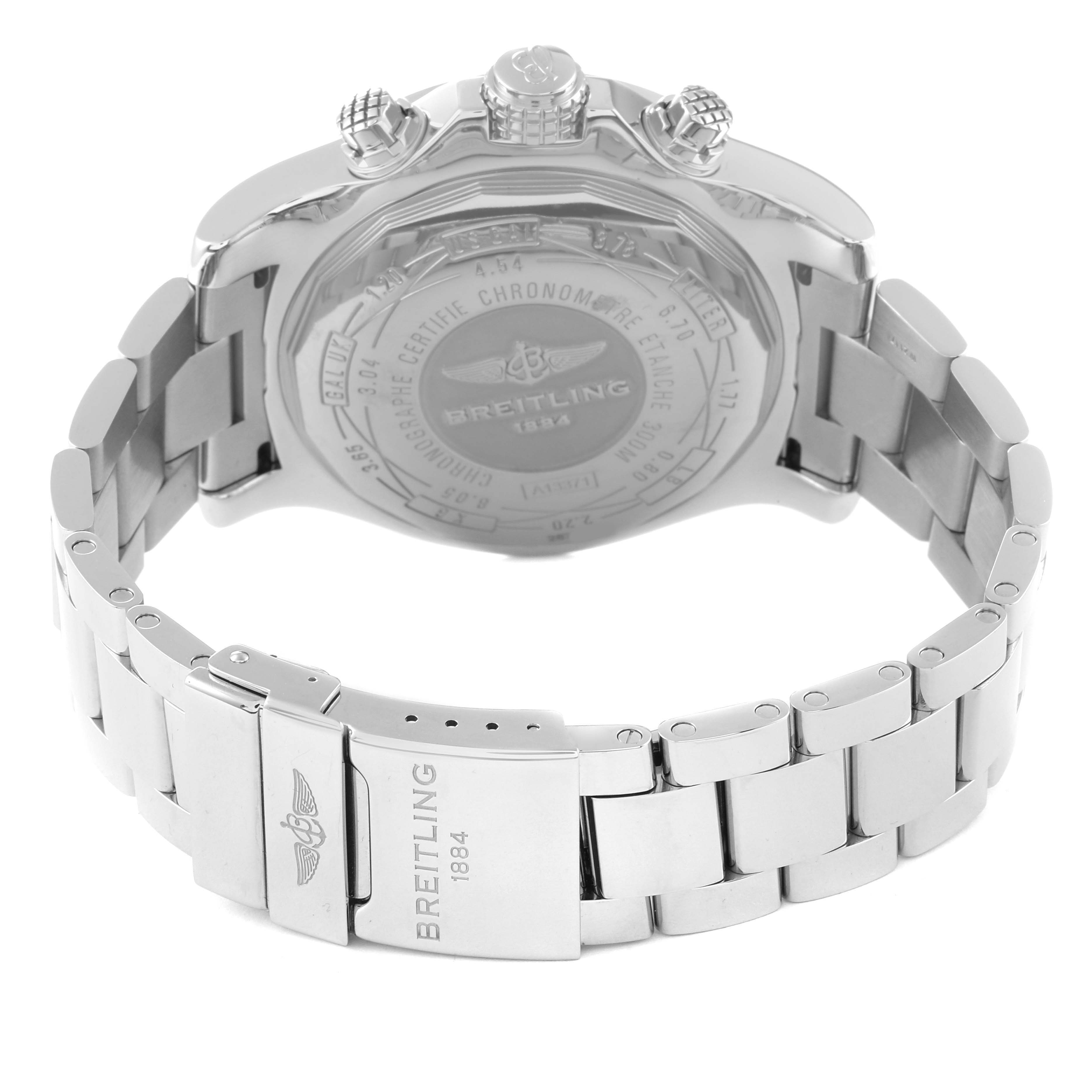 The image shows the back and bracelet of the Breitling Avenger A13371 Men's Stainless Steel Black Dial A13371 Men's Stainless Steel Black Dial watch, focusing on its clasp and caseback detailing.