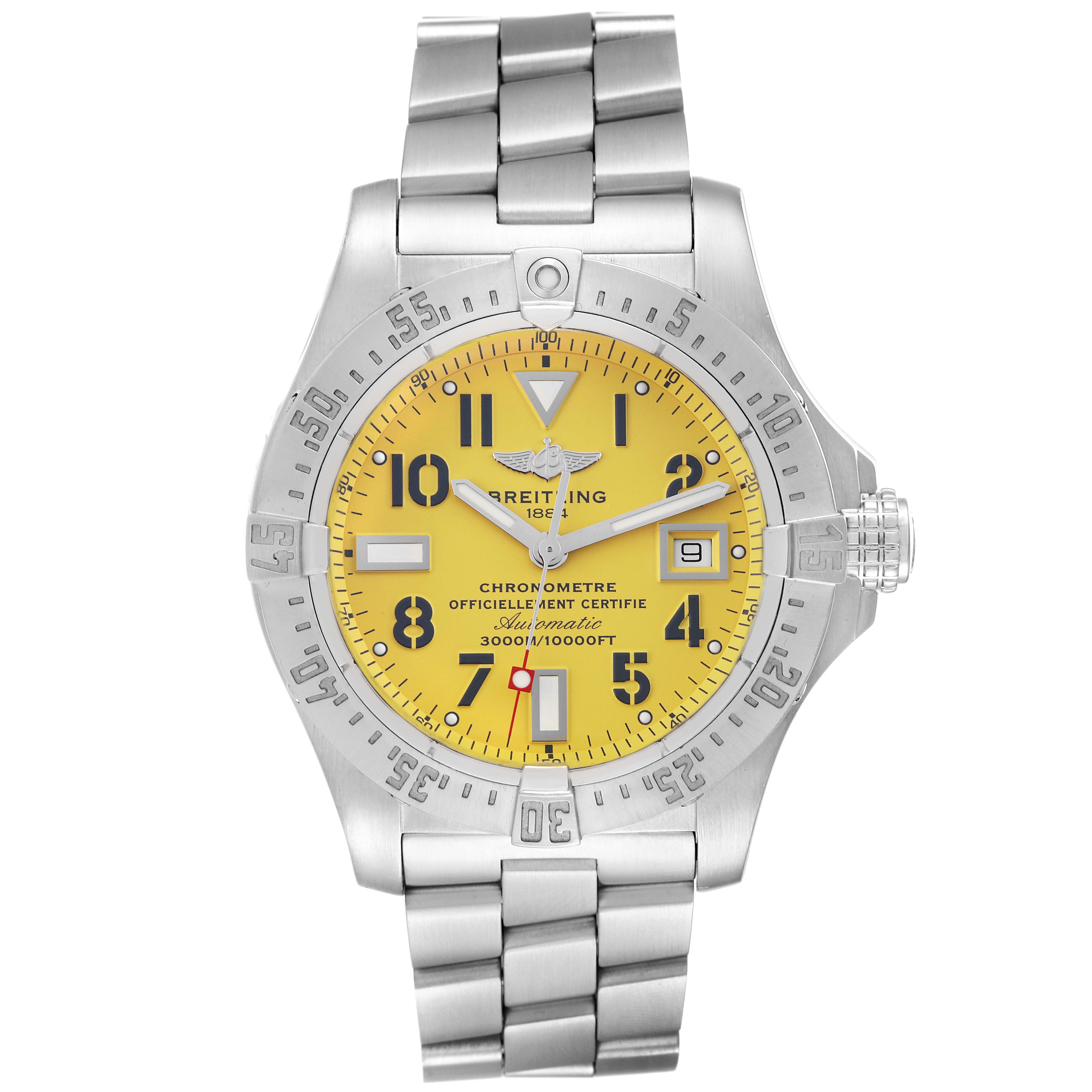 The image shows the front view of a Breitling Avenger A17330 Men's Stainless Steel Yellow Dial A17330 Men's Stainless Steel Yellow Dial watch, showcasing its yellow dial, stainless steel case, and bracelet.