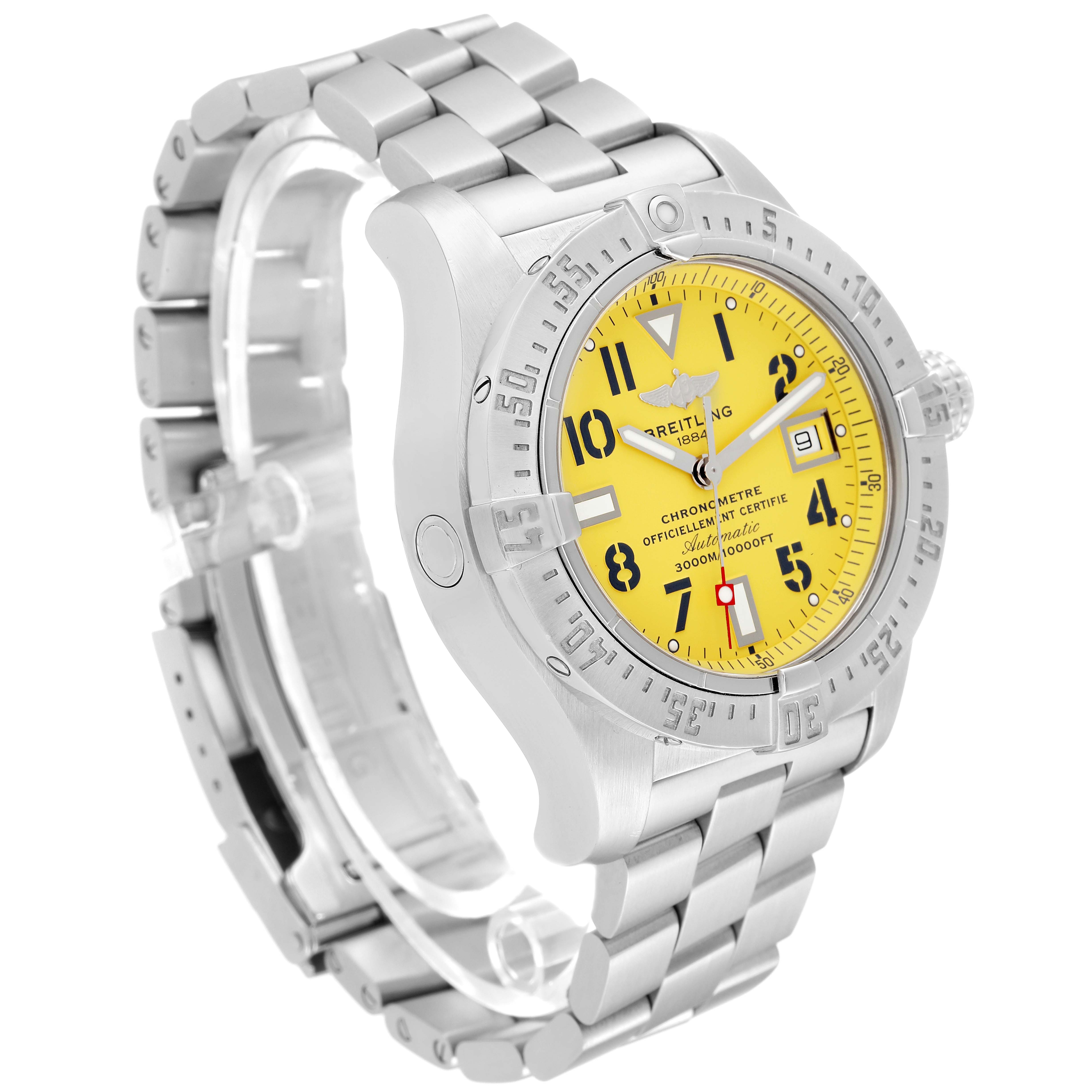 The Breitling Avenger A17330 Men's Stainless Steel Yellow Dial A17330 Men's Stainless Steel Yellow Dial watch is shown at a slight angle, displaying its yellow dial, bezel, bracelet, and side crown.