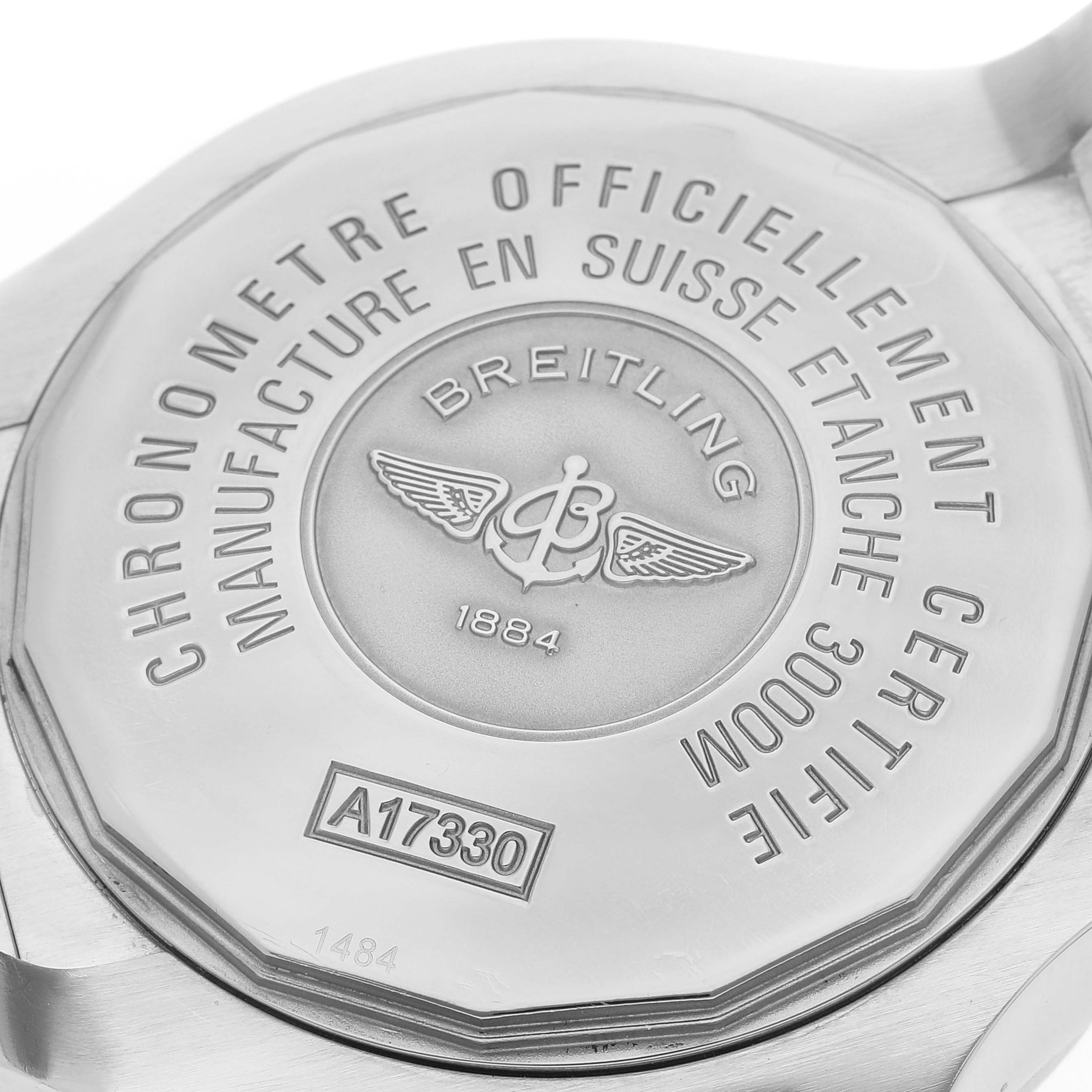 The image shows the back of a Breitling Avenger A17330 Men's Stainless Steel Yellow Dial A17330 Men's Stainless Steel Yellow Dial model watch.