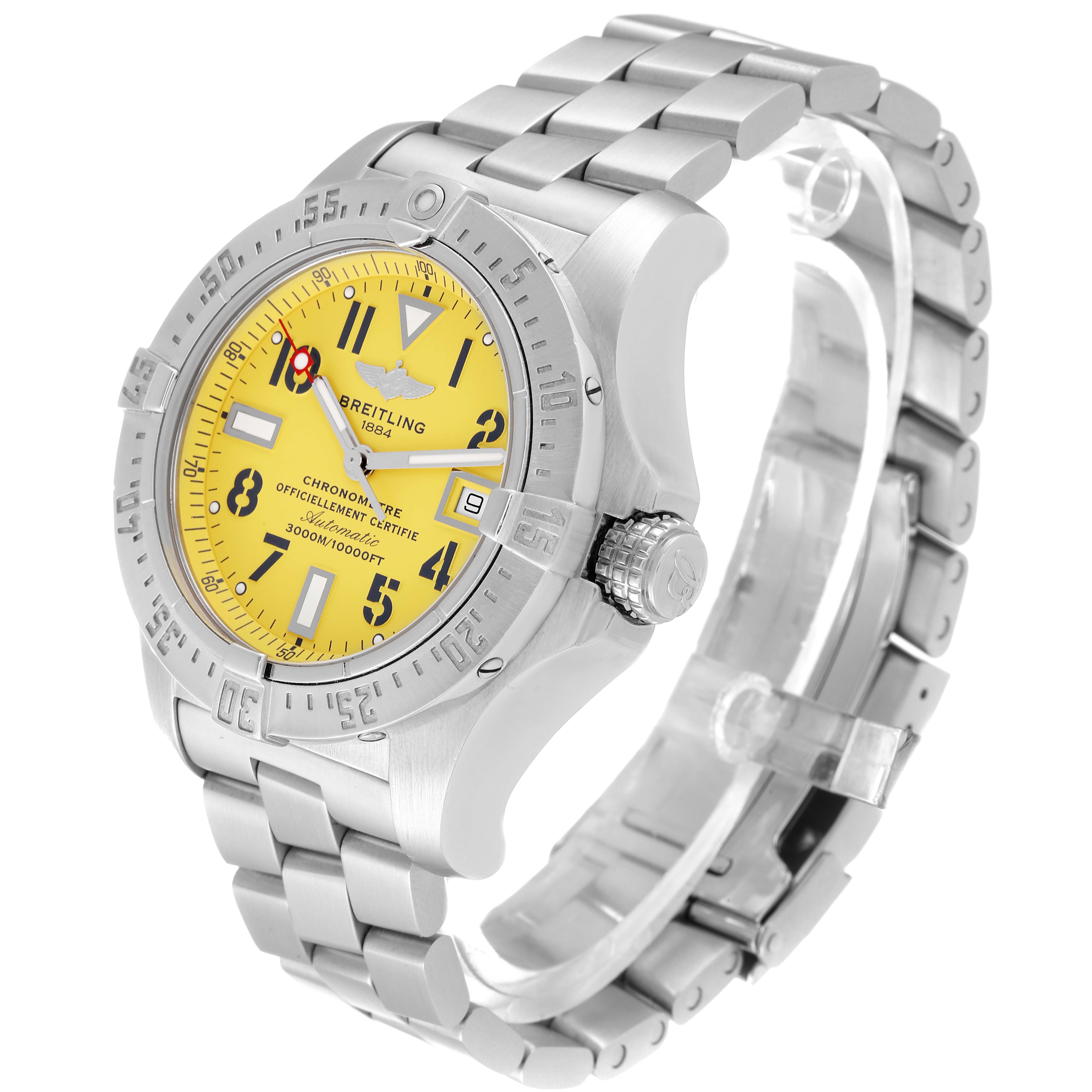 The Breitling Avenger A17330 Men's Stainless Steel Yellow Dial A17330 Men's Stainless Steel Yellow Dial watch shown at a 3/4 angle displays its yellow dial, bezel, crown, and metal bracelet.