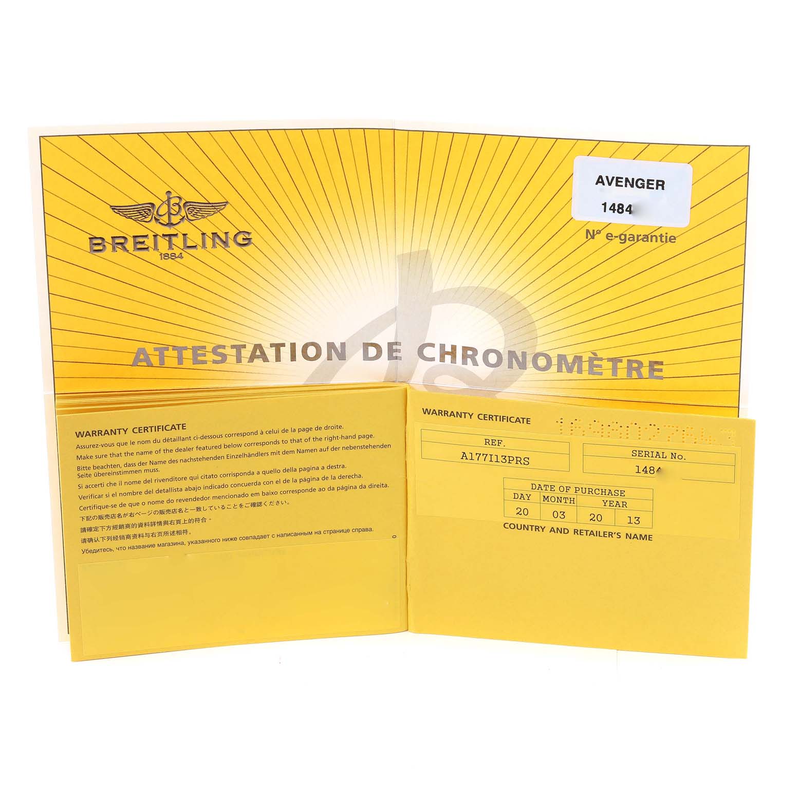 The image shows the warranty certificate and attestation documents for a Breitling Avenger A17330 Men's Stainless Steel Yellow Dial A17330 Men's Stainless Steel Yellow Dial model watch.