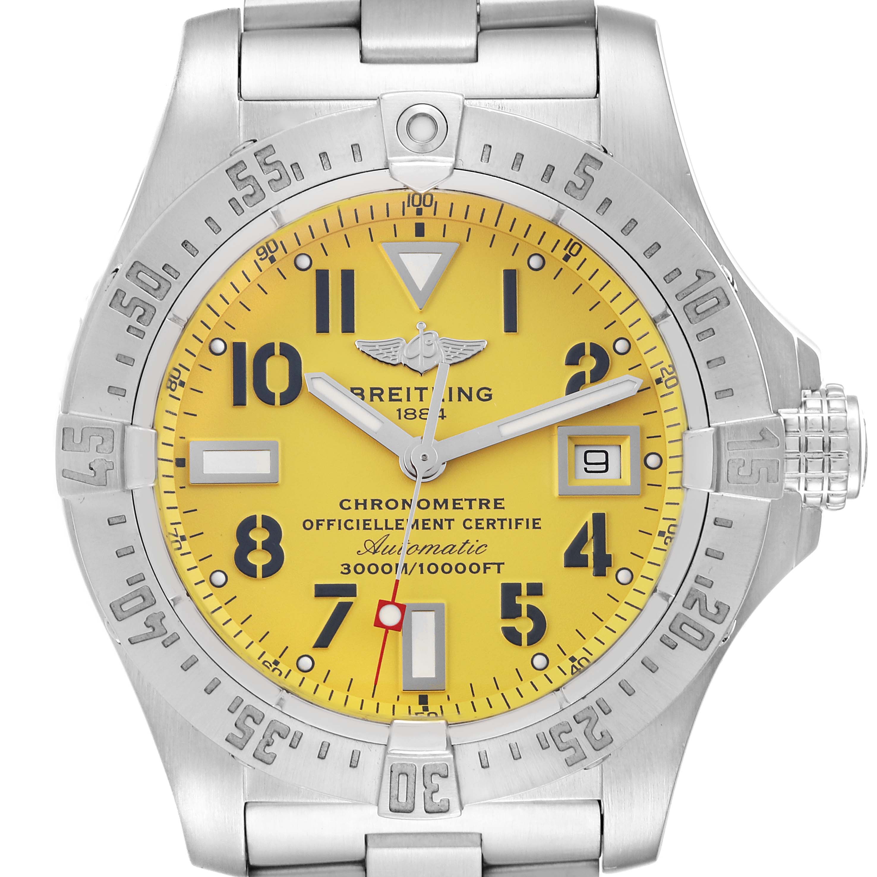 This image shows a front view of a Breitling Avenger A17330 Men's Stainless Steel Yellow Dial A17330 Men's Stainless Steel Yellow Dial watch, highlighting its yellow dial, bezel, and part of the bracelet.