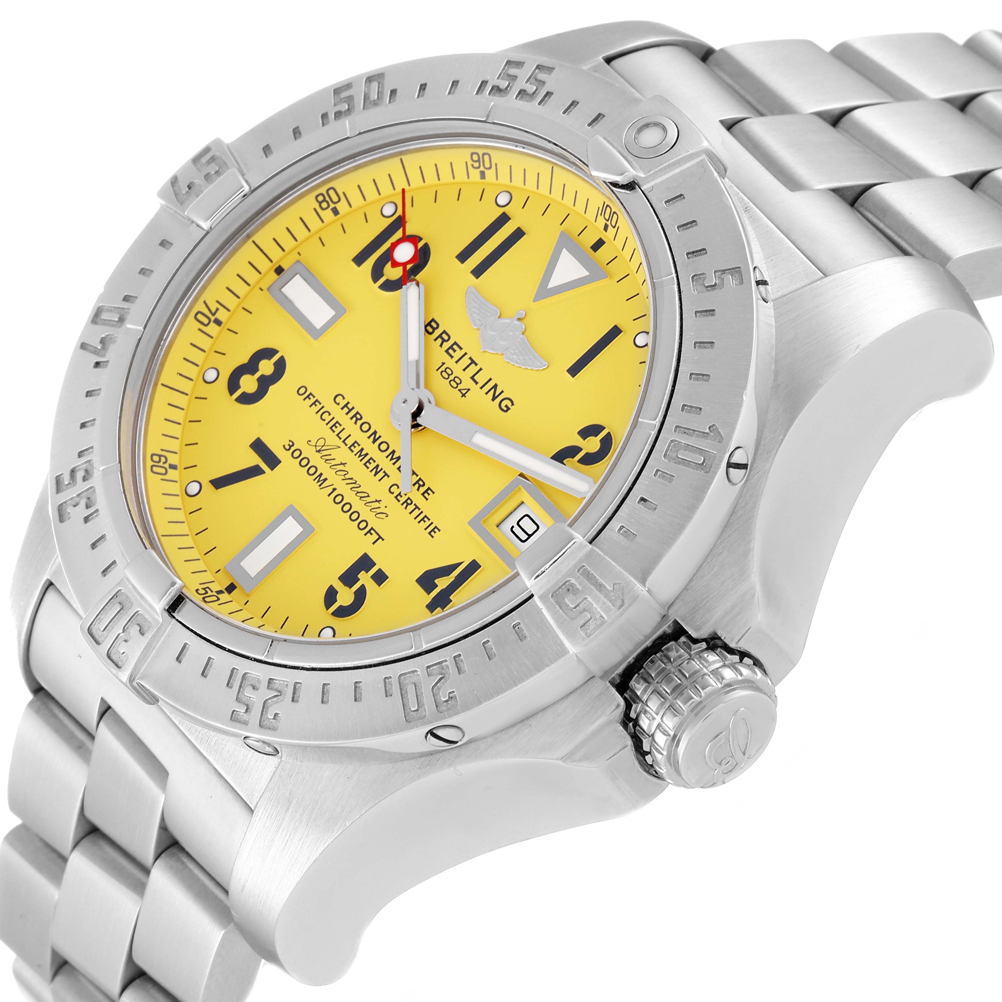The Breitling Avenger A17330 Men's Stainless Steel Yellow Dial A17330 Men's Stainless Steel Yellow Dial watch is shown at an angle displaying the dial, bezel, crown, and a part of the metal bracelet.