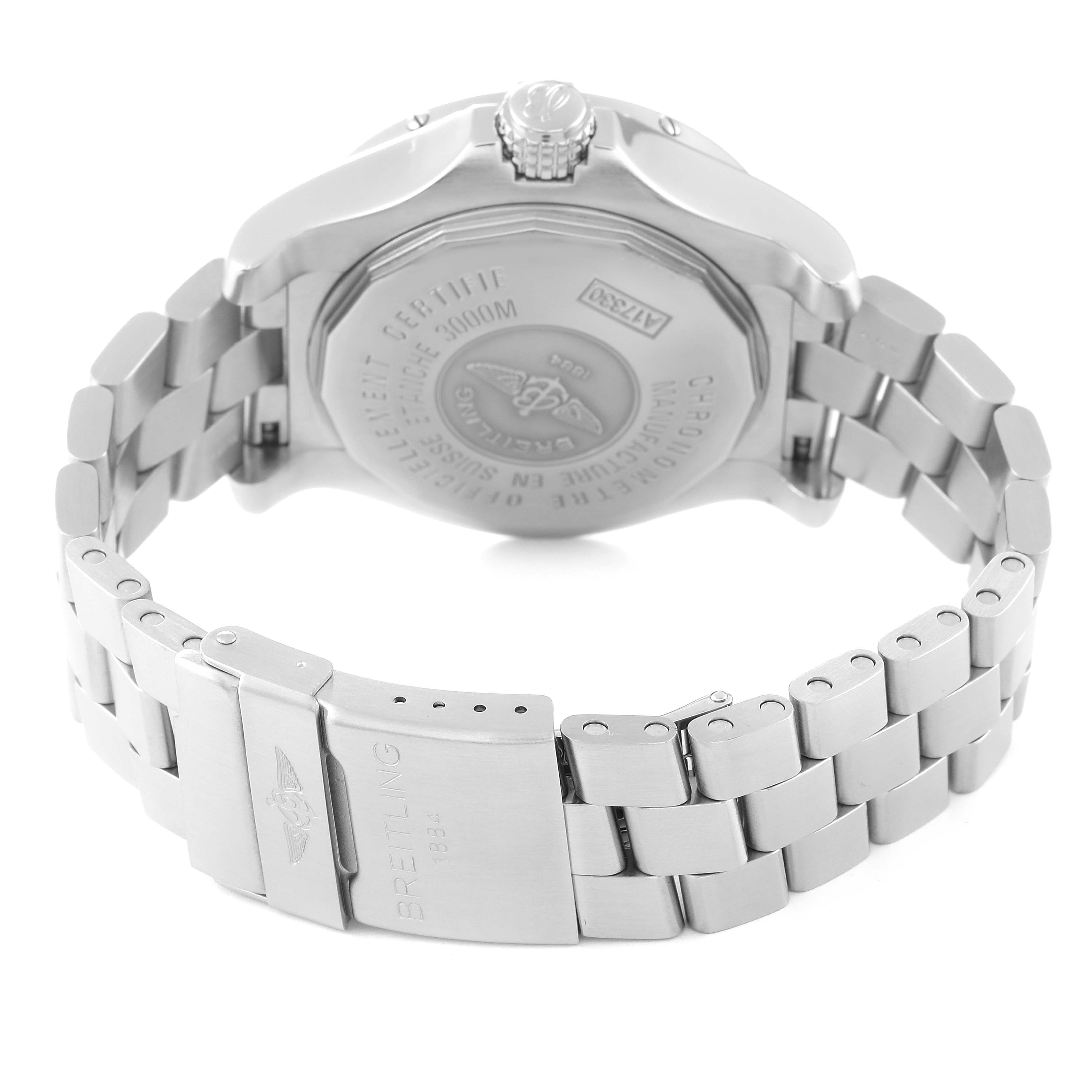 This image shows the back case and metal bracelet of a Breitling Avenger A17330 Men's Stainless Steel Yellow Dial A17330 Men's Stainless Steel Yellow Dial watch.