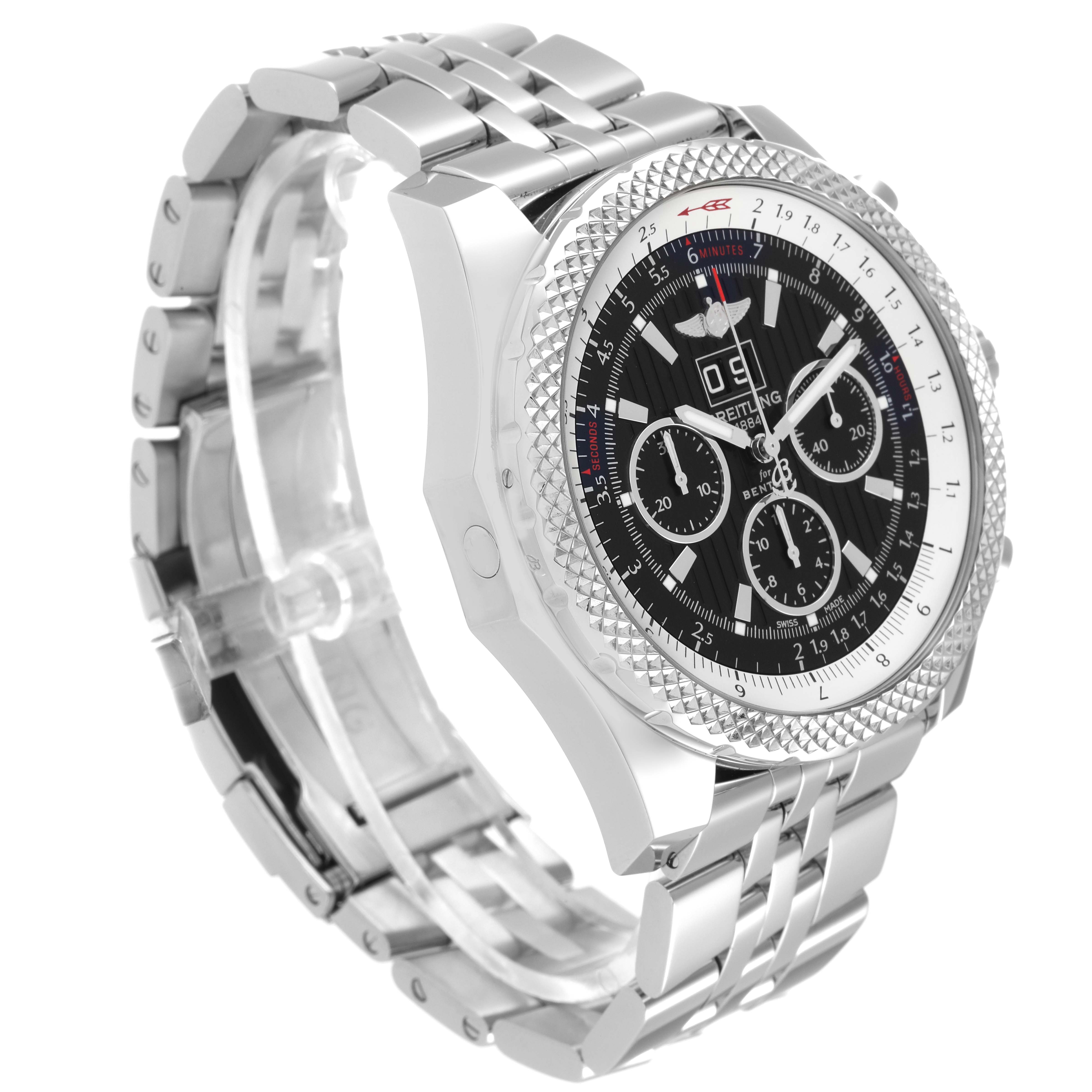 The image shows a Bentley model by Breitling at a three-quarter angle, highlighting its dial, bezel, and bracelet.