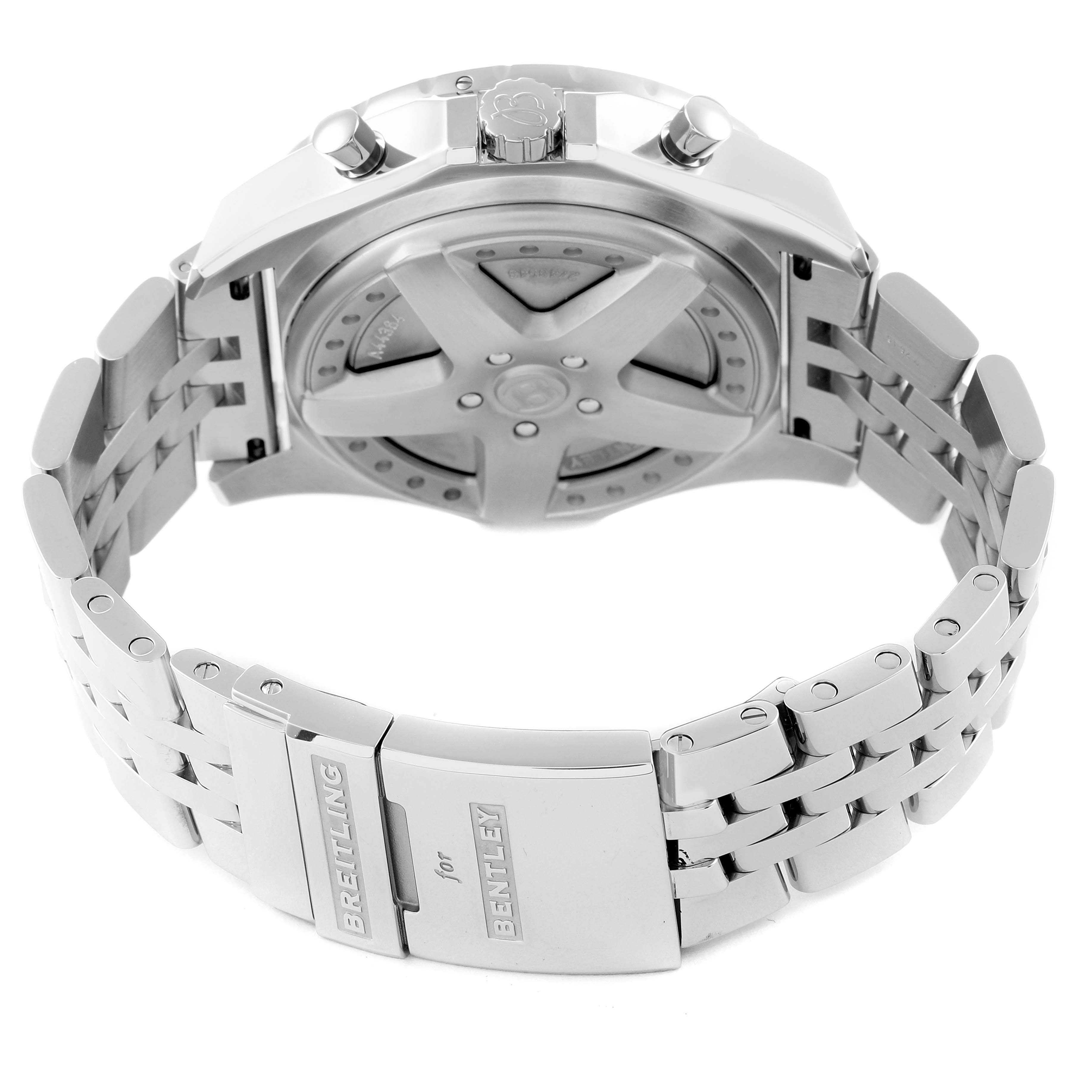 This image shows the back and bracelet clasp of a Breitling Bentley A44364 Men's Stainless Steel Black Dial A44364 Men's Stainless Steel Black Dial model watch.